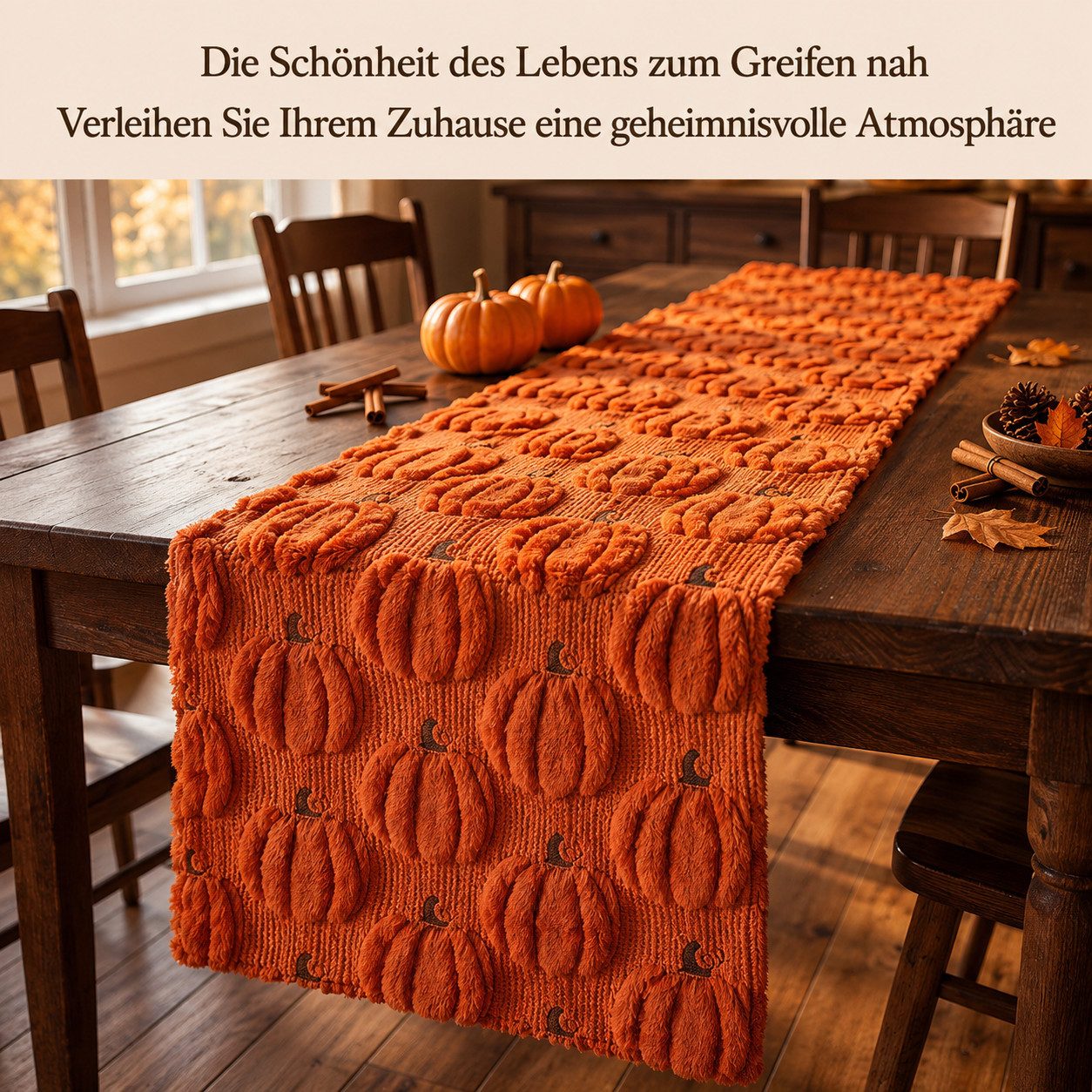 JASLIFE Tischläufer Herbst Kürbis 3D-Plüsch Herbstdeko, 3D-Kürbismotiv, weiche Plüschstickerei, Herbst Tischdeko – Bild 3 von 5