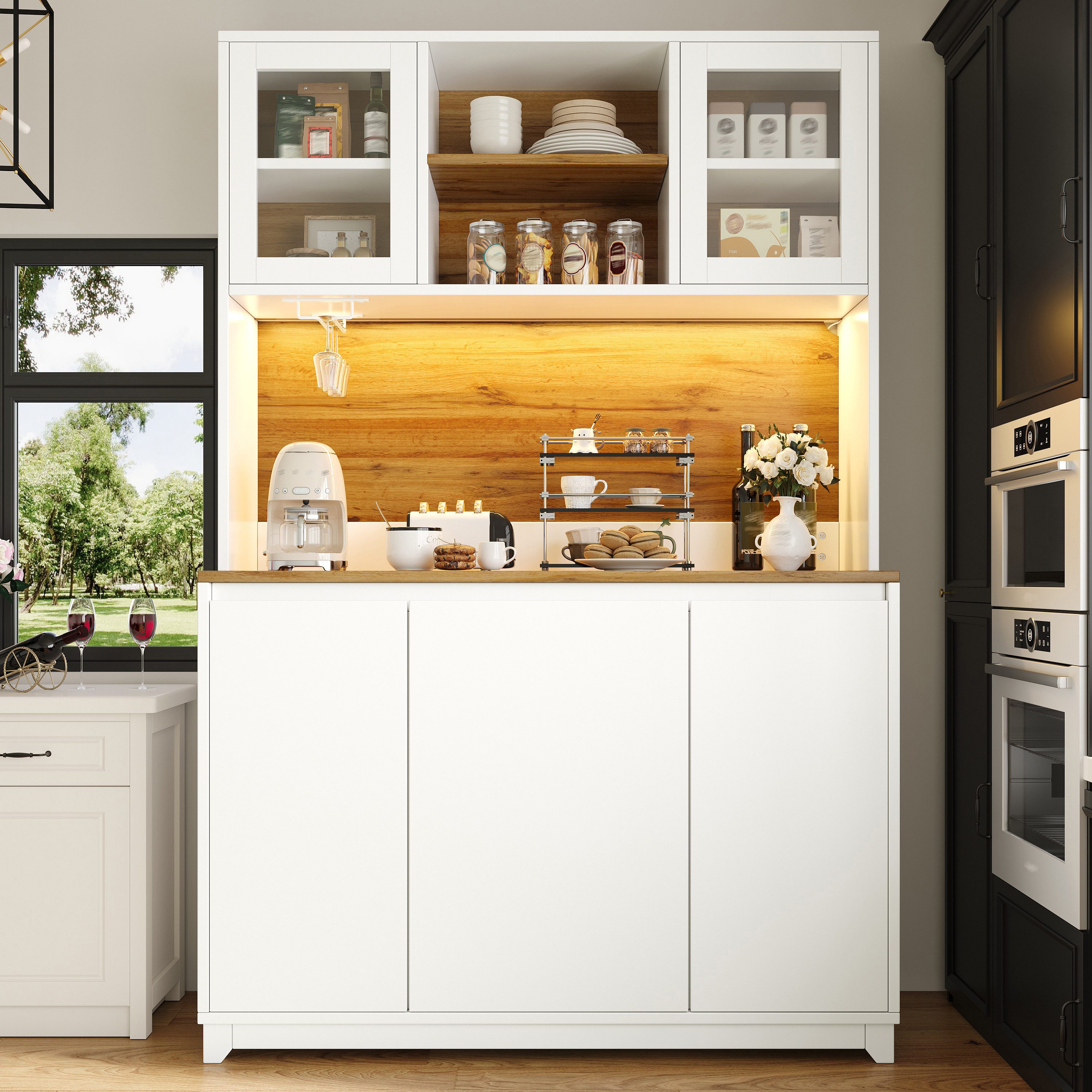 Celya Hochschrank Küchenschränke, hohe Küchenbeistelltische, Sideboards (120 × 40 × 180 cm mit Acryltüren und LED-Beleuchtung) ideal für Küche, Esszimmer, Wohnzimmer oder Arbeitszimmer
