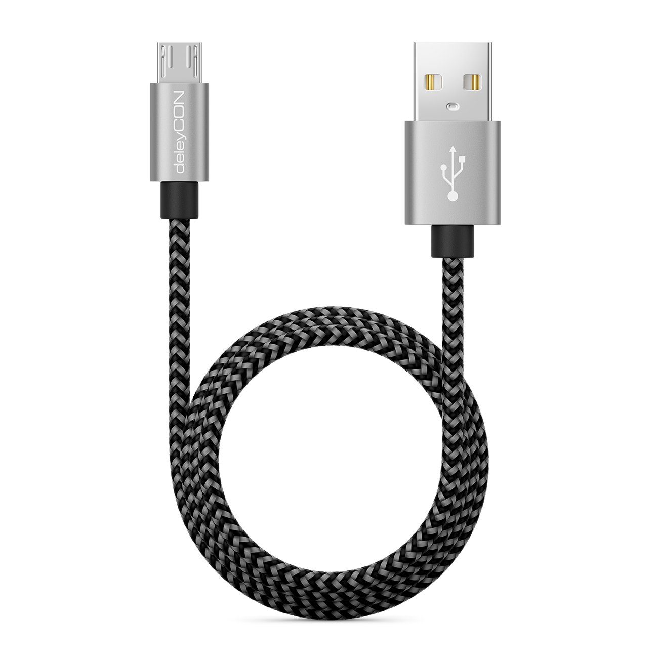 deleyCON deleyCON 2m Nylon Micro USB Kabel Ladekabel Datenkabel Metallstecker USB-Kabel