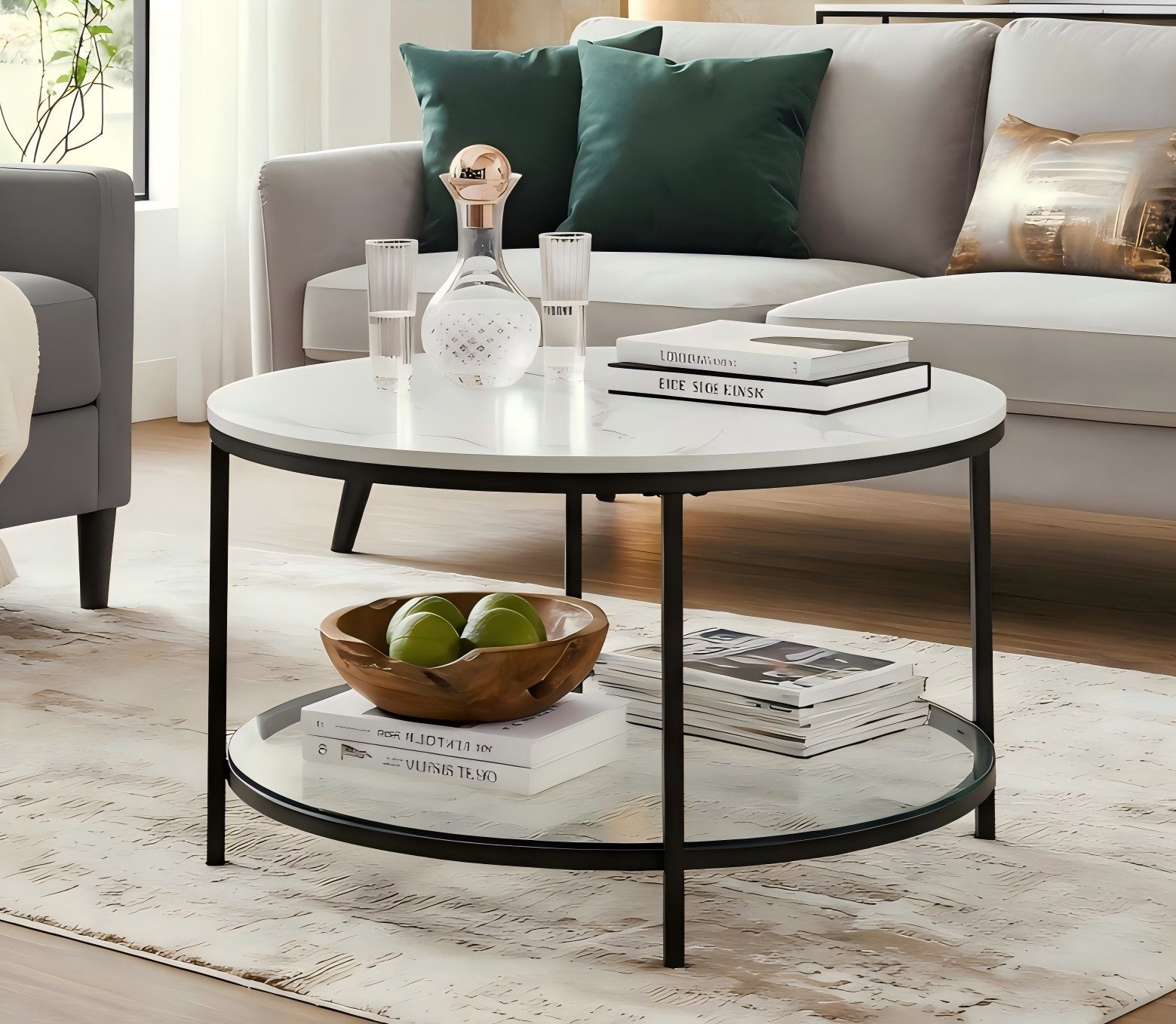 VASAGLE Couchtisch Wohnzimmertisch, Sofatisch, Wohnzimmer, einfacher Aufbau, modern (inkl. Zubehörpaket & Anleitung), Beistelltisch, rund, Ø 65/80 x 46cm, Marmoroptik, Glasplatte unten