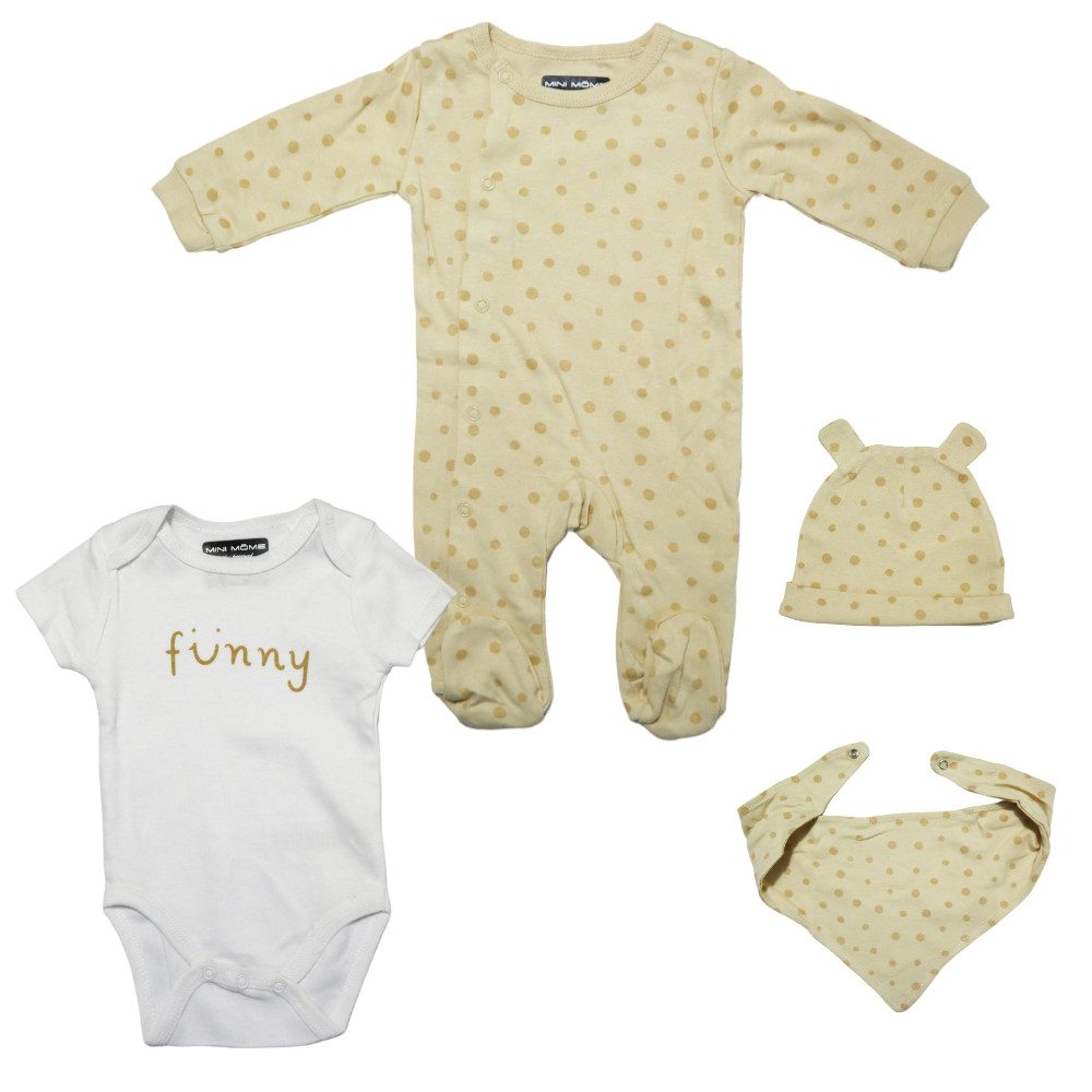 EplusM Strampler Funny Baby 4 tlg Set Body Strampler Lätzchen Mütze (Spar-Set, 4-tlg) Gr. 56 bis 74, 100% Baumwolle