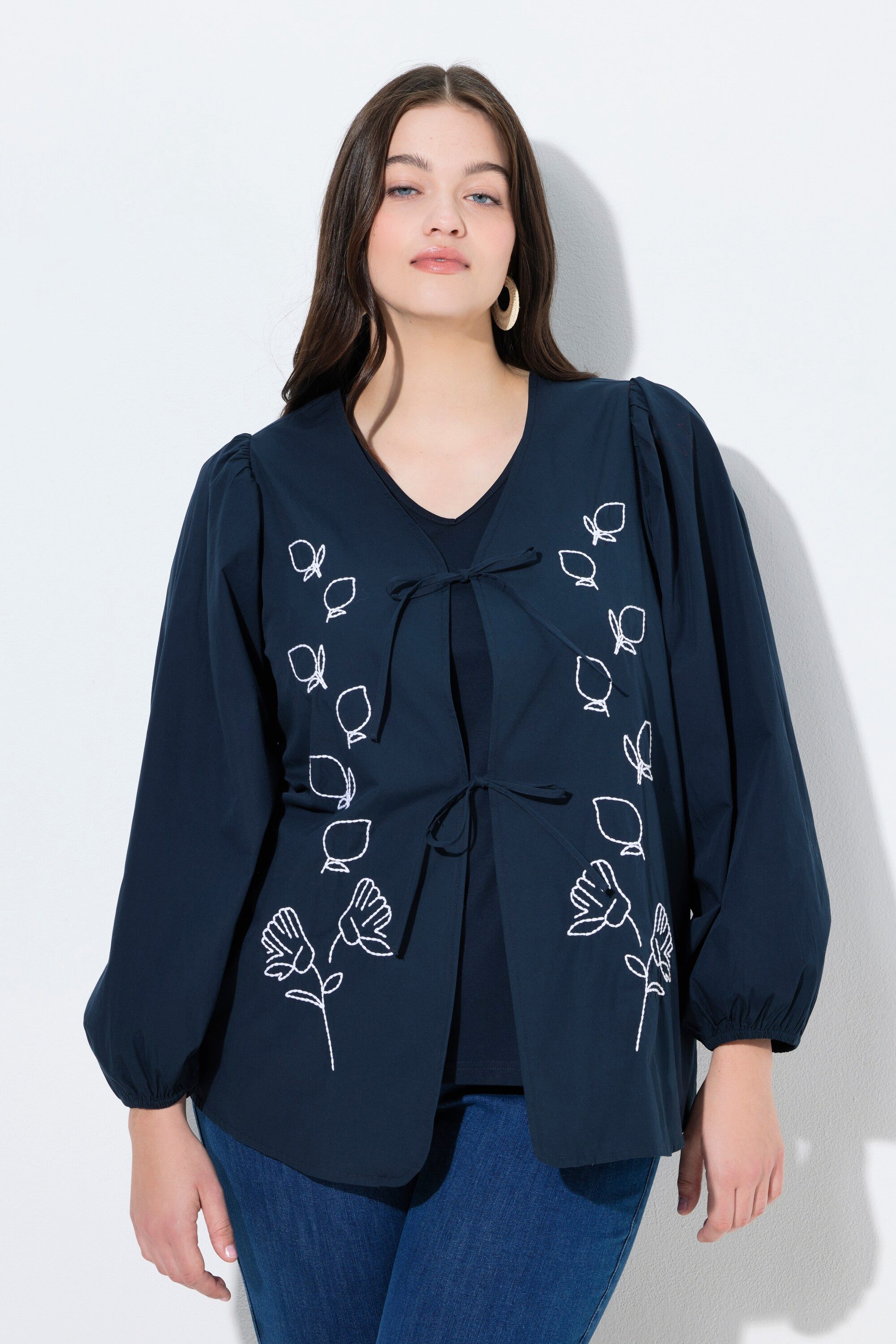 Sommerjacke Blusenjacke Stickerei A-Linie V-Ausschnitt
