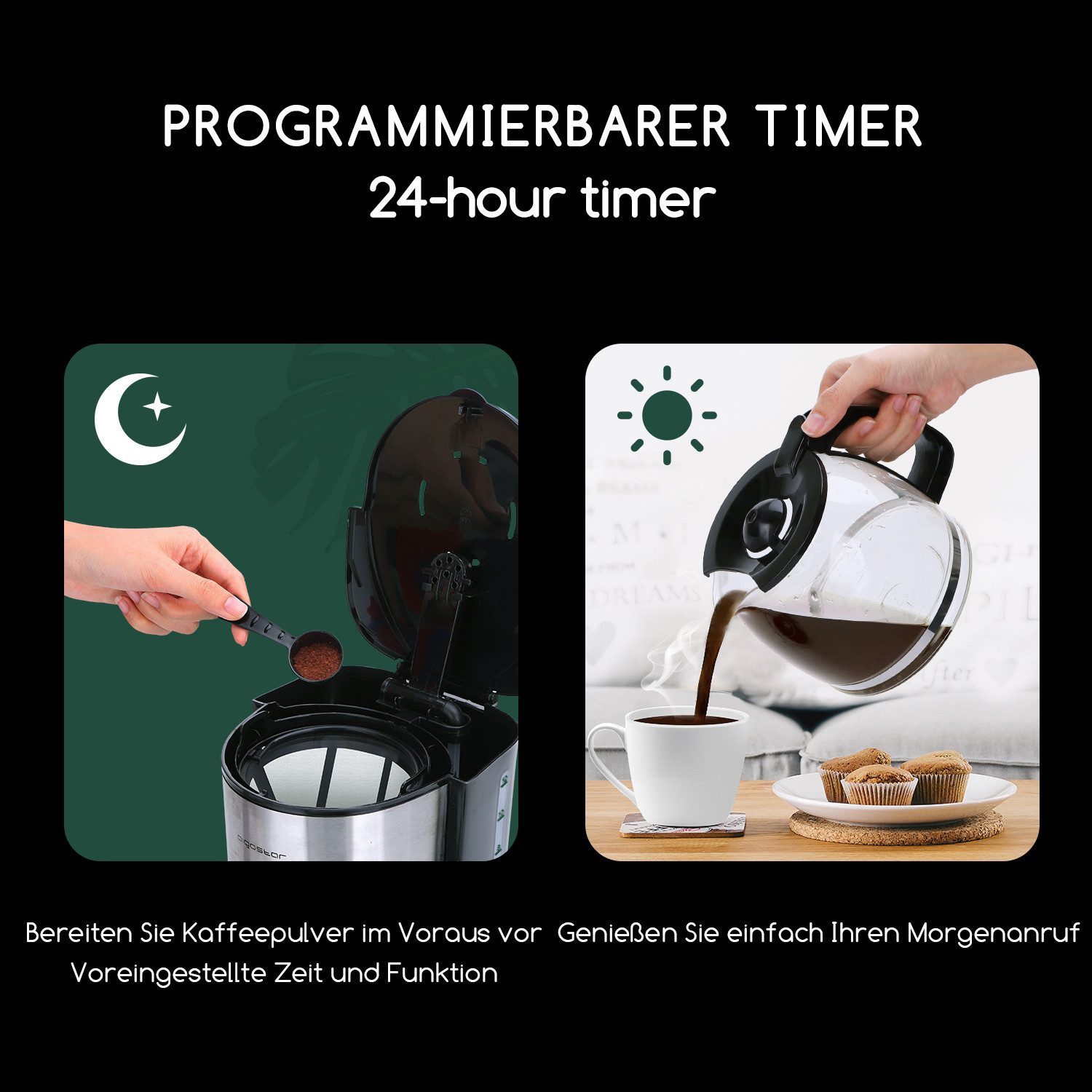 Aigostar Filterkaffeemaschine 1,5L Kaffeemaschine mit programmierbarer Timer/ Elektrisch Milchaufschäumer 500W, Korbfilter, 24H Timer, 40 Mins Warmhaltefunktion, Tropf-Stopp
