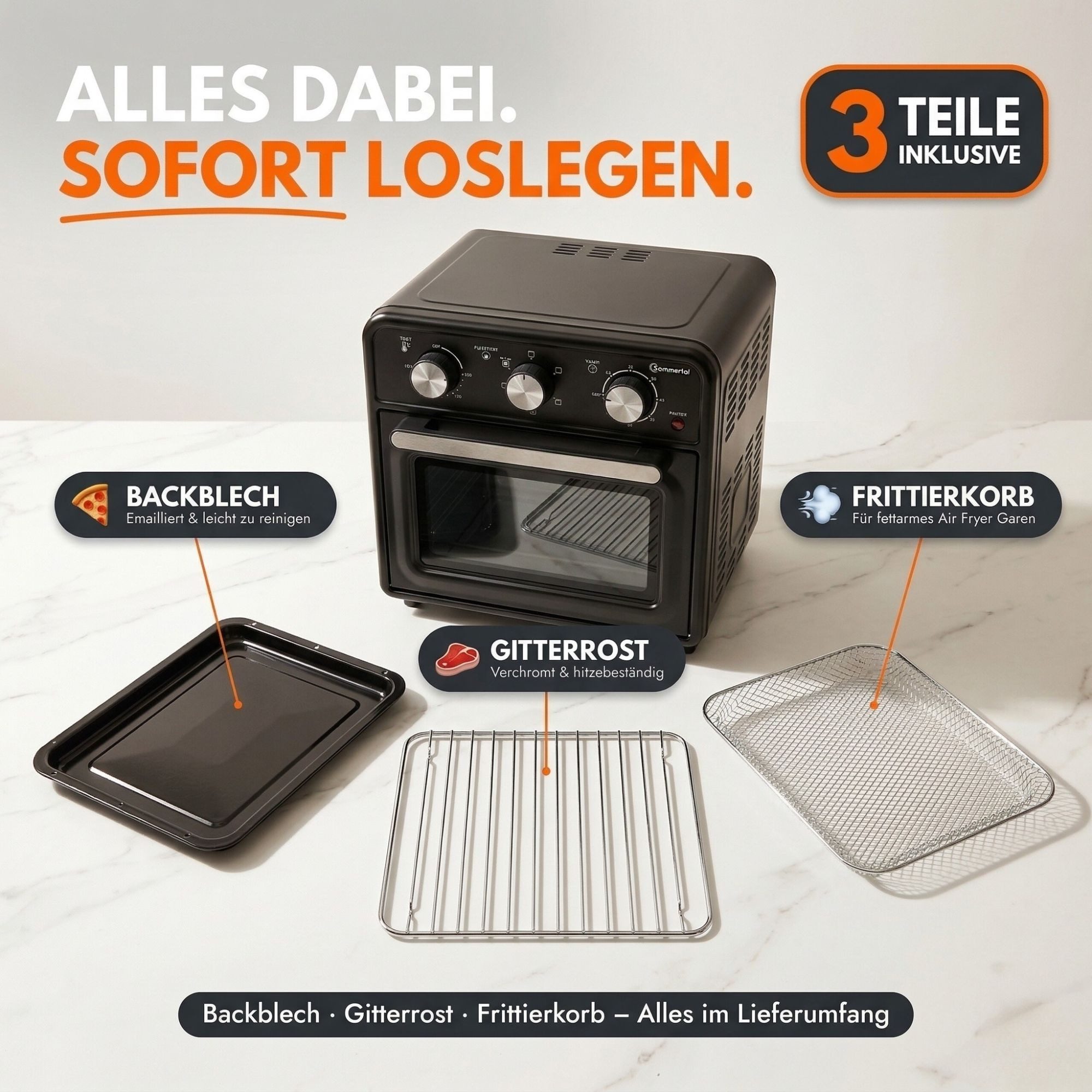 Sommertal Multiofen Sommertal Minibackofen 20 Liter mit Umluft & Heißluftfritteuse, 1800 Watt, Airfryer Funktion, 100–230°C, 60 Min. Timer – Bild 5 von 5