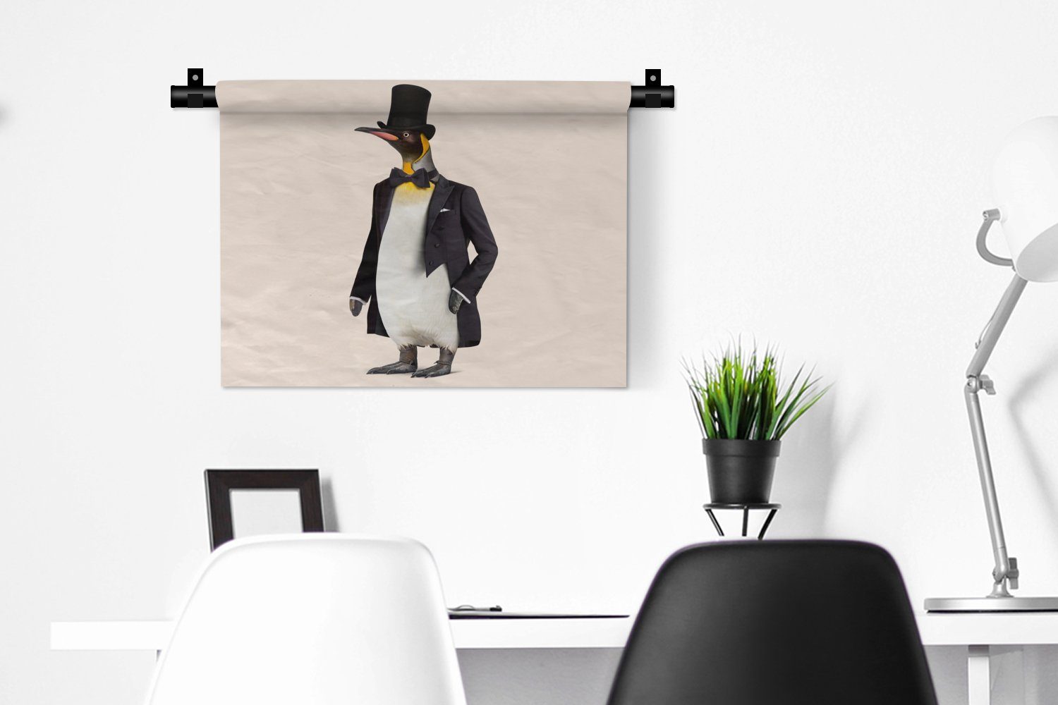 Wanddekoobjekt Wohnzimmer, Kinderzimmer Pinguin - - Hut Tier Kleid, MuchoWow Wanddeko für - - Schwarz, Schlafzimmer, Wandbehang, Colbert