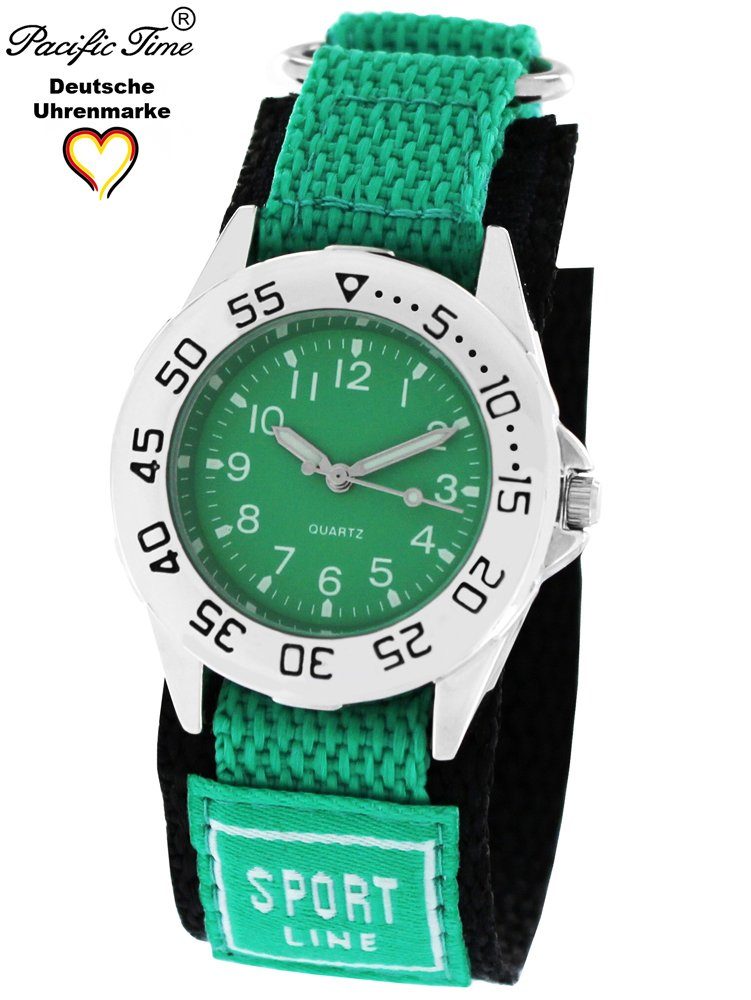 Kinder Quarzuhr grün Sport Stoffarmband schwarz Gratis Pacific Klettverschluß, Time Versand Armbanduhr