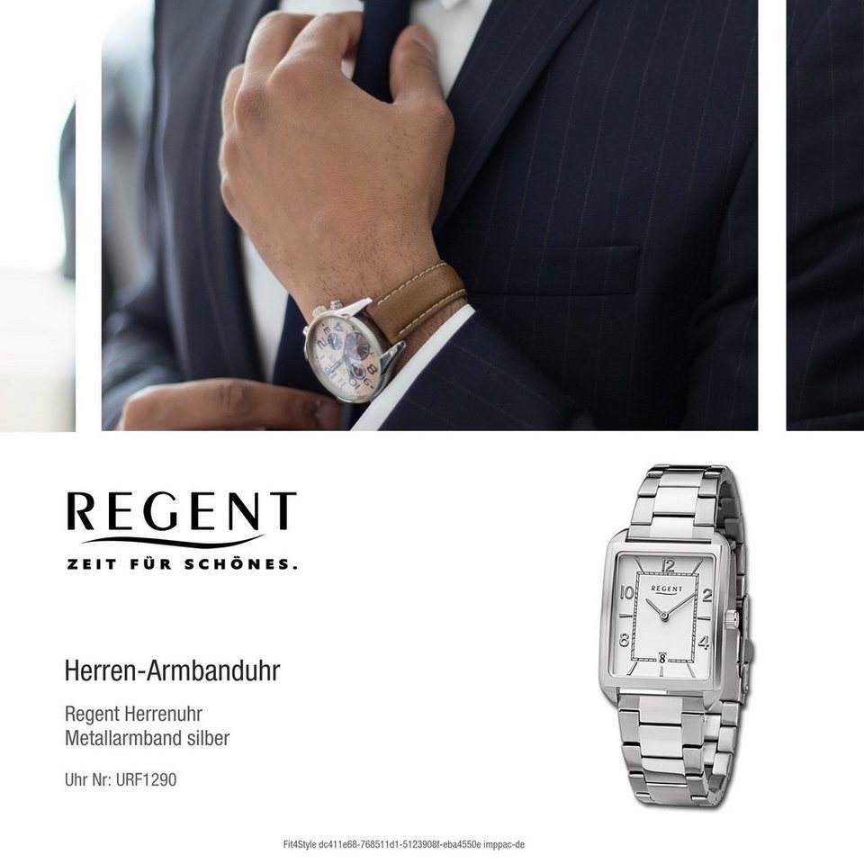 Regent Quarzuhr Regent Herren Armbanduhr Analog, Herrenuhr Metallarmband  silber, rundes Gehäuse, groß (ca. 28,5x41,5mm)