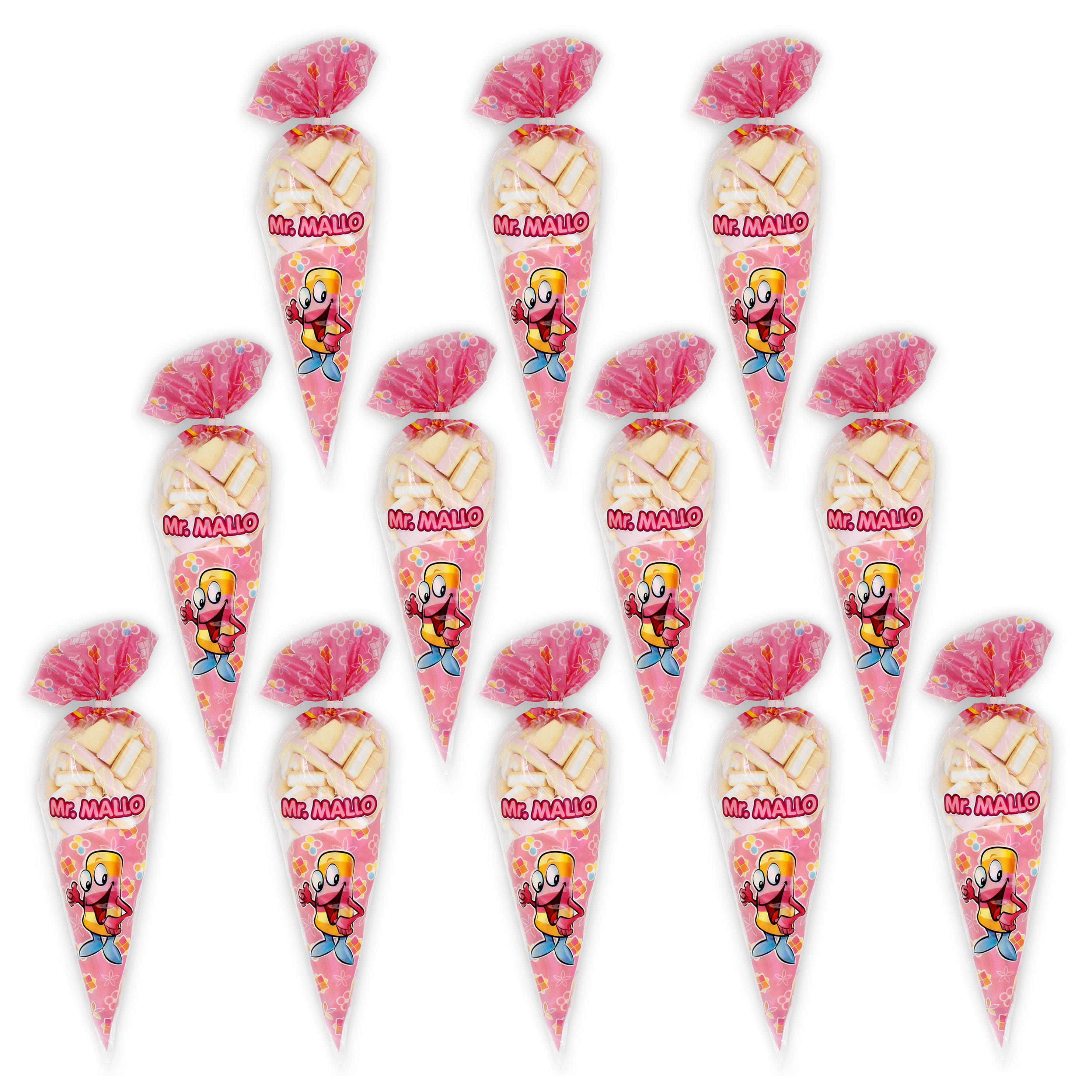 Mr. Mallo Süßigkeit Mr. Mallo Marshmallows Spitzbeutel bunt (12x 250g), 12 x 250 g, (Schaumzuckerware Marshmallow Bunt 12 á 250g Beutel)