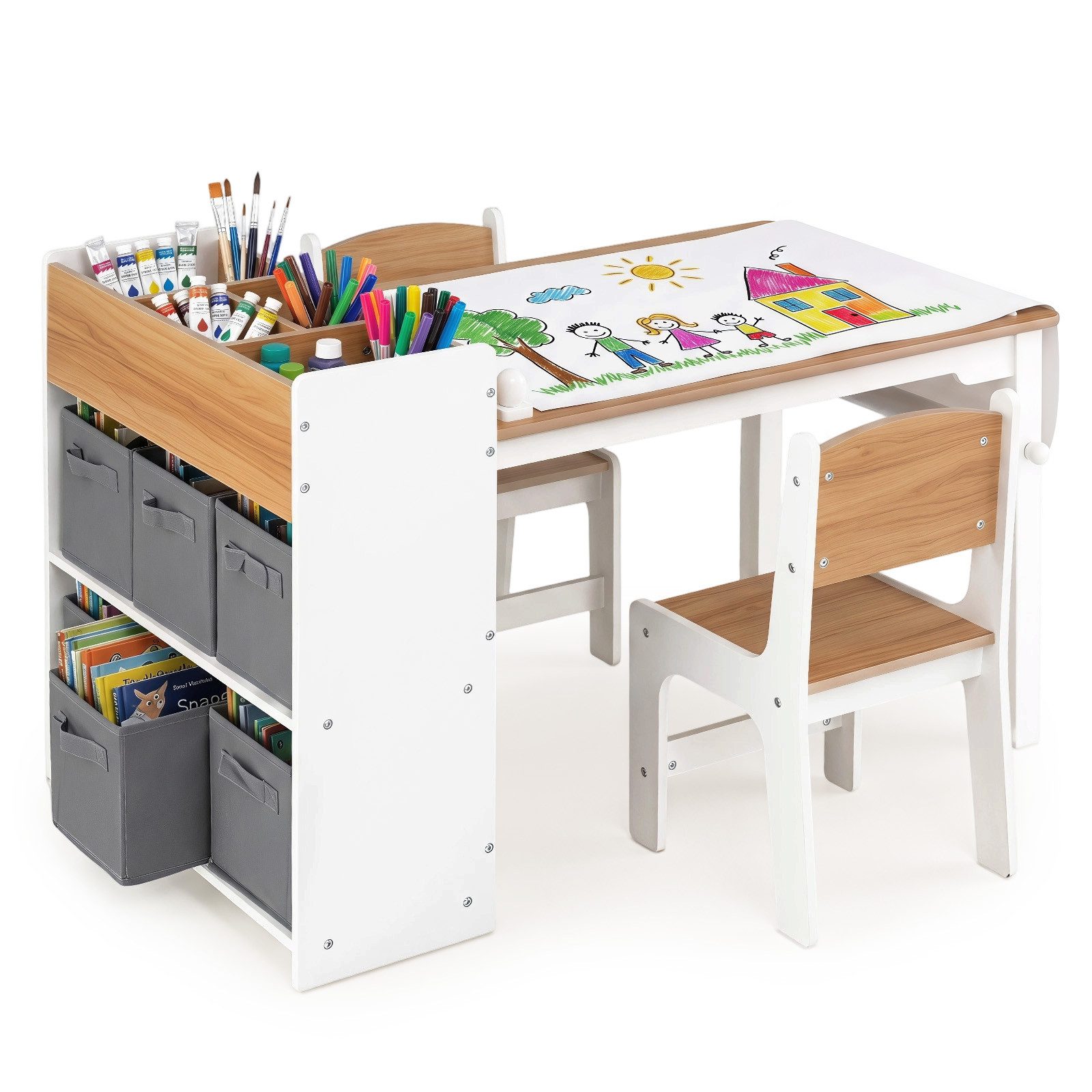 COSTWAY Kindersitzgruppe mit 2 Stühlen, 4 Fächer, 6 Körben, Papierrolle, (3-tlg)