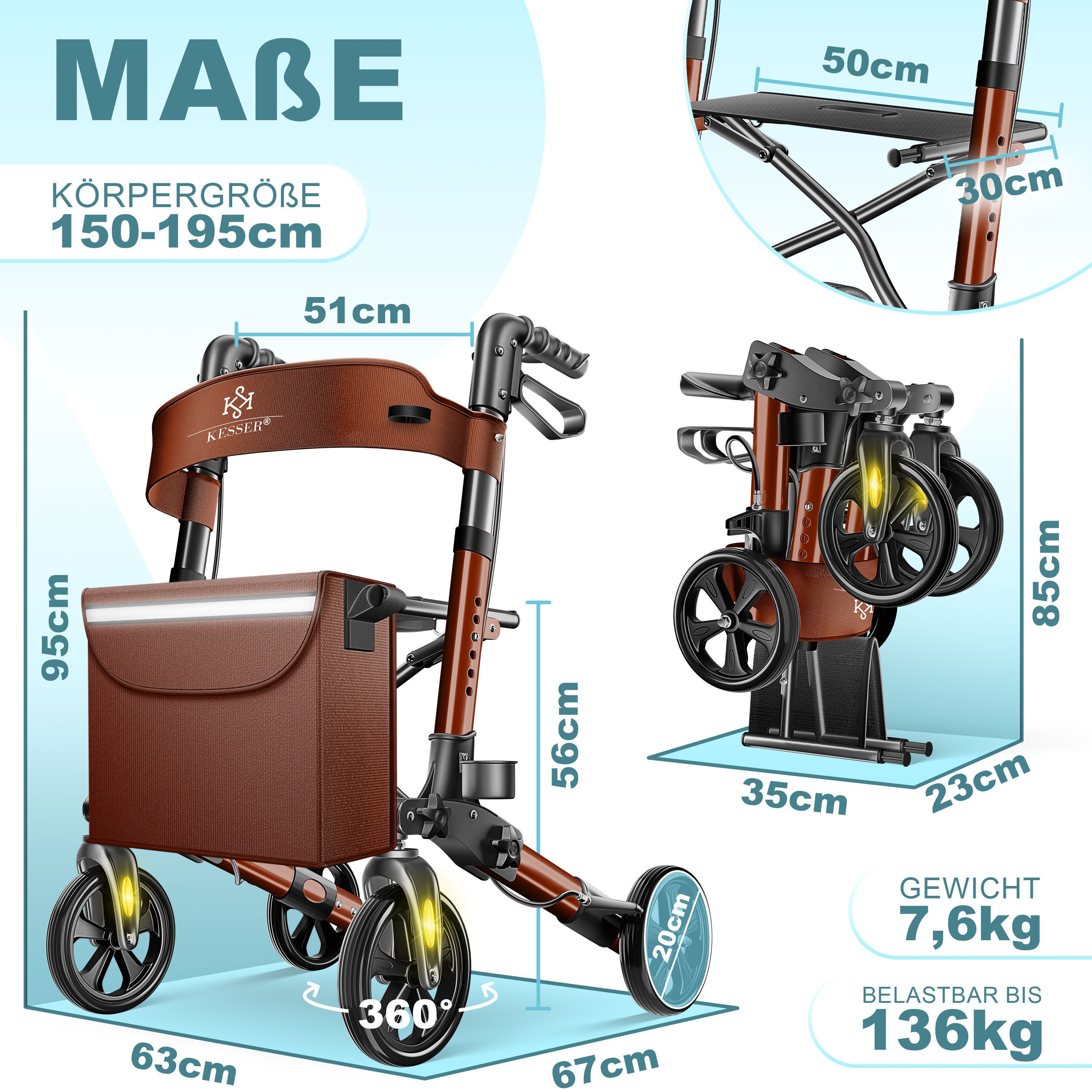 KESSER Rollator Aluminium – faltbar, höhenverstellbar & bis 136 kg belastbar, wetterbeständig, Tasche, Stockhalter, Reflektoren, 360° Gelände Reifen