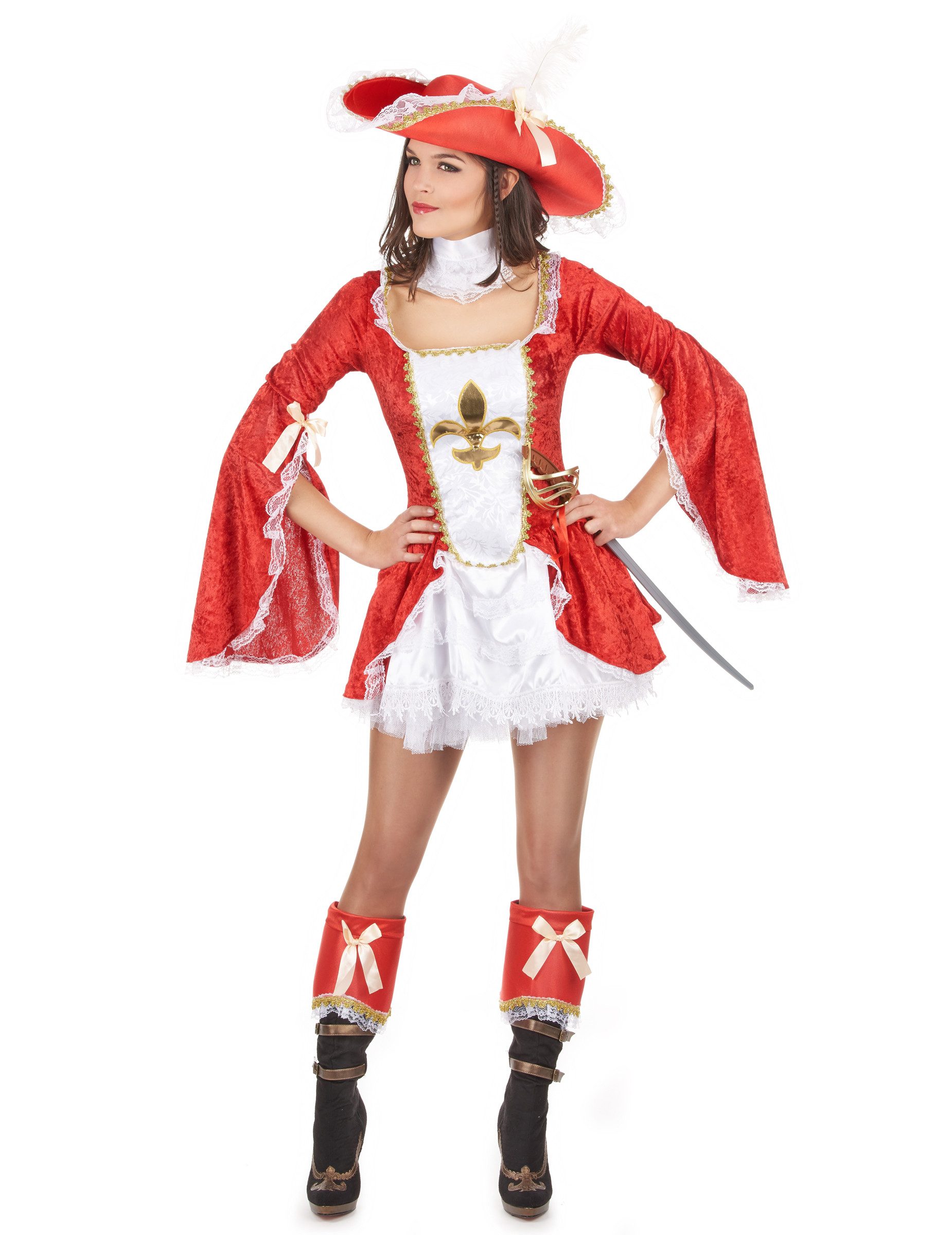 JADEO Kostüm Edles Musketier Damenkostüm weiss-rot-gold
