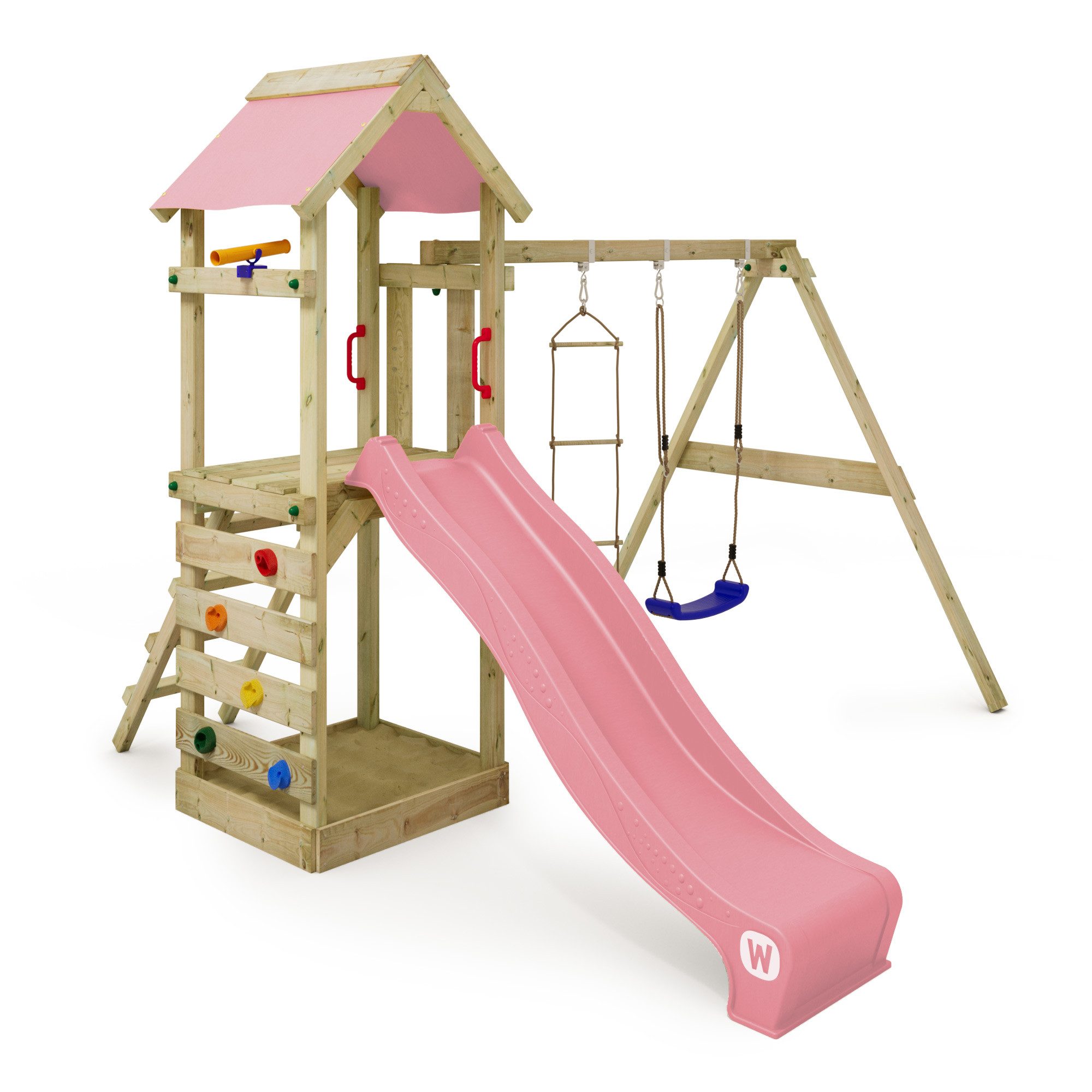 Wickey Spielturm FreeFlyer – Klettergerüst mit Sandkasten, Rutsche & Kletterwand, Erweiterbar mit weiterem Zubehör & Anbauteilen mit 10 Jahren Garantie*