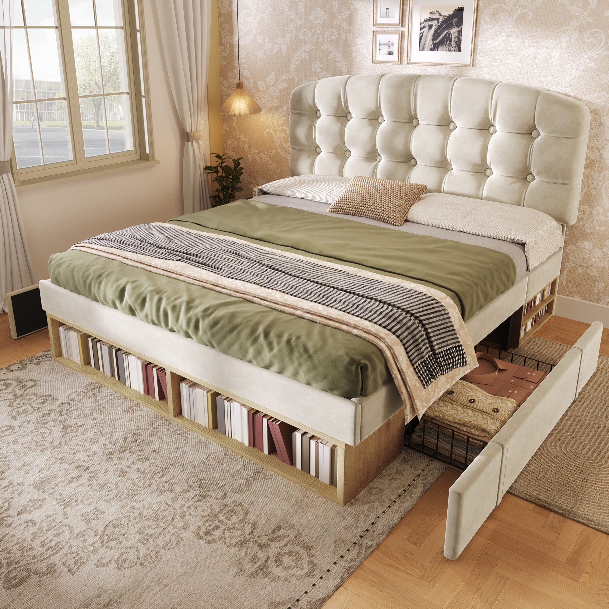 HAUSS SPOLE Polsterbett 140x200 Bettgestell mit Lattenrost,mit Staufächer & Schubladen,Beige (Jugendbett mit Höhenverstellbares Kopfteil, Schubladen mit Vier Rollen und Griffe), für den Kunden ein komfortables Schlaferlebnis