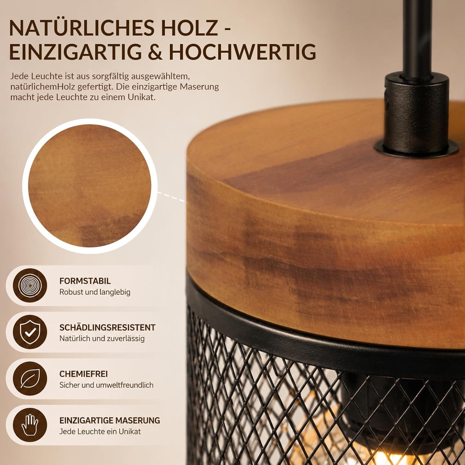 Nettlife Pendelleuchte Vintage Schwarz 1/3/4flammige E14 Industrial Holz Gitter Lampenschirm, ohne Leuchtmittel, Retro Küchenlampe hängend für Esszimmer Küche