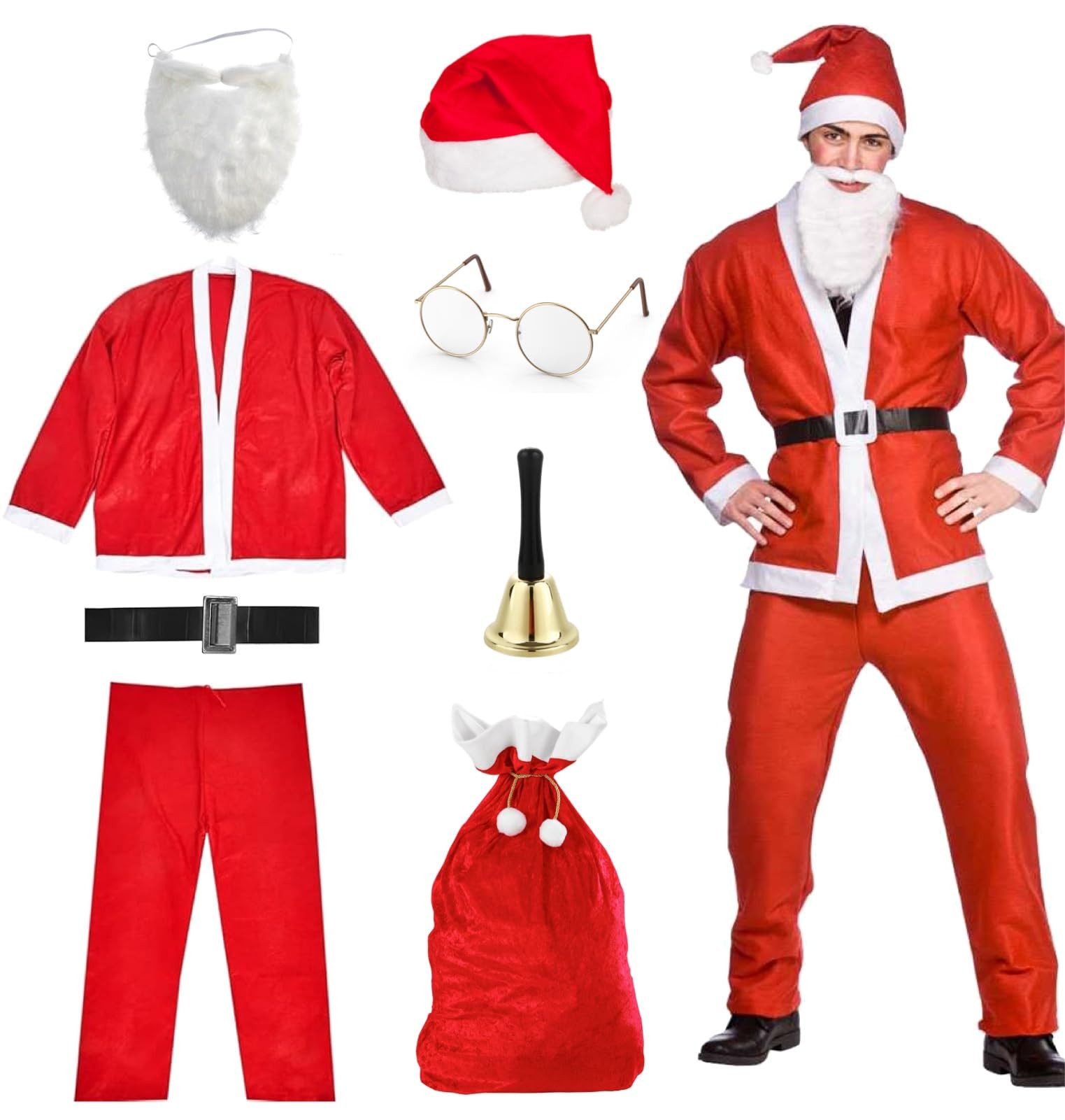 TK Gruppe Kostüm Weihnachtsmannkostüm für Erwachsene, 8-teilig, mit Sack und Glocke