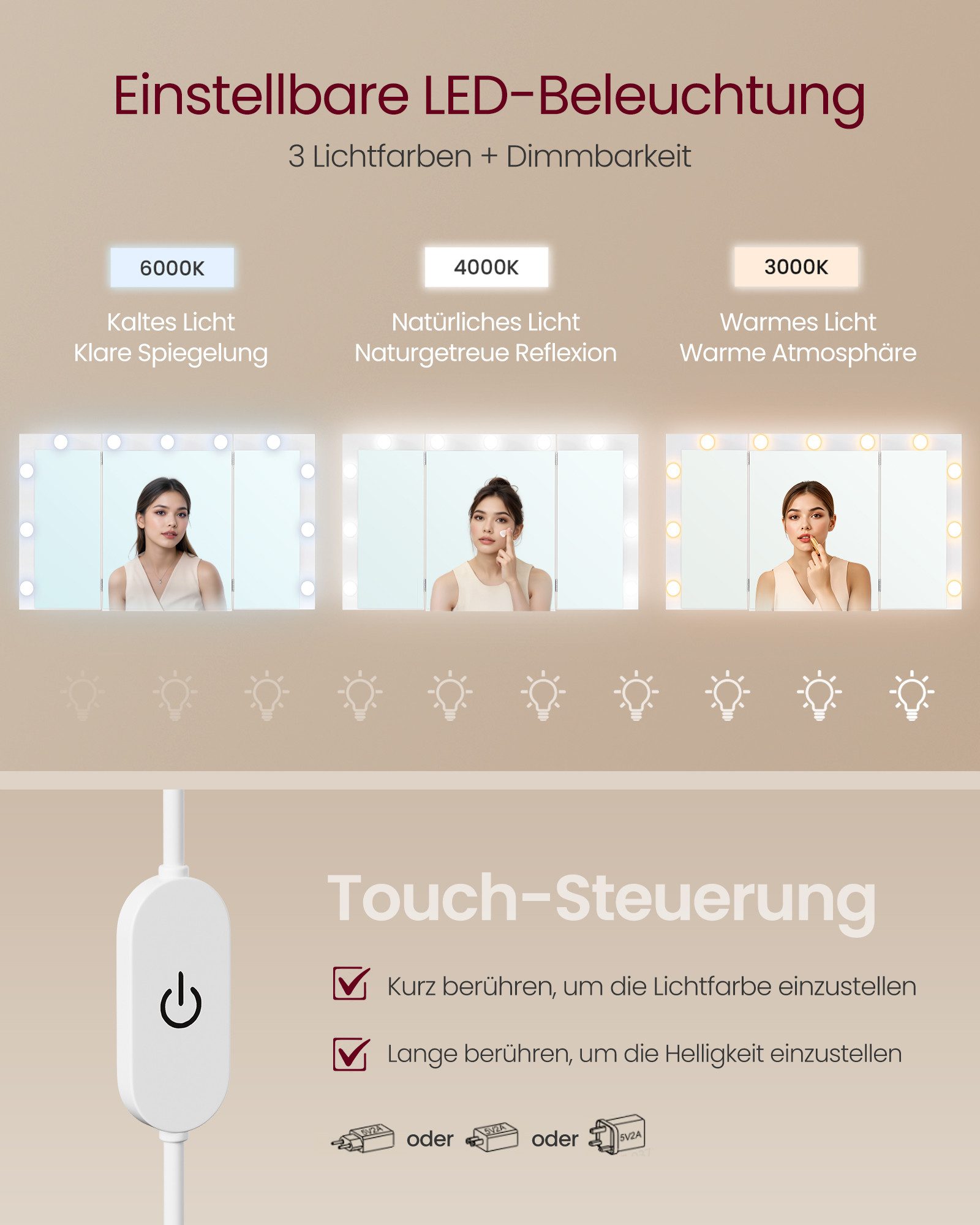 VASAGLE Schminktisch Kosmetiktisch mit 3-teiliger Spiegel, Frisiertisch 11 Glühbirnen (1 Tisch), werkzeuglose Montage, Steckdosen, 9 Schubladen, 3 Lichtfarben