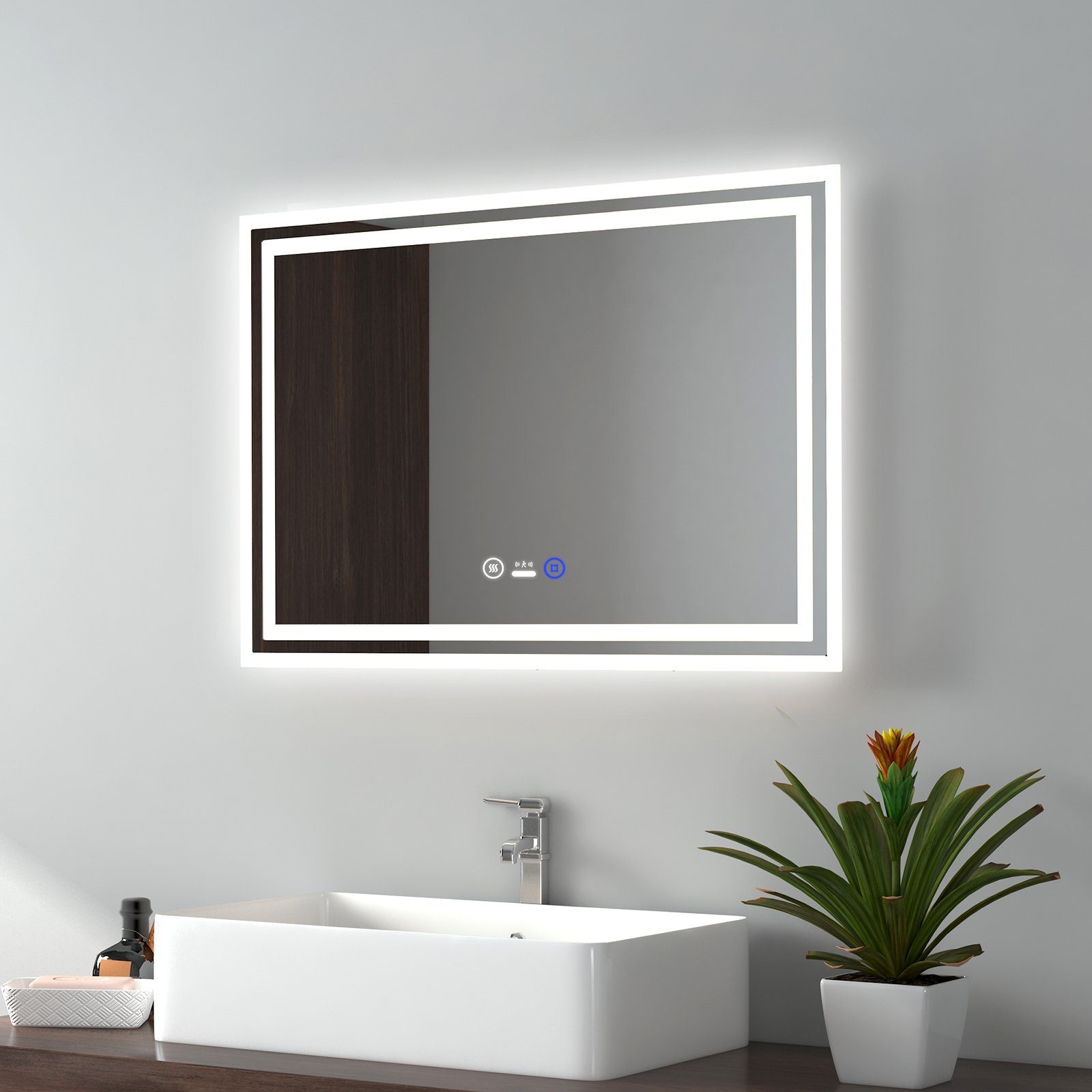 EMKE Badspiegel LED Badspiegel mit Beleuchtung Bewegungssensor Wandspiegel,  mit Beschlagfreiheit, Dimmbarem Touch-Schalter und 3 Farben des Lichts