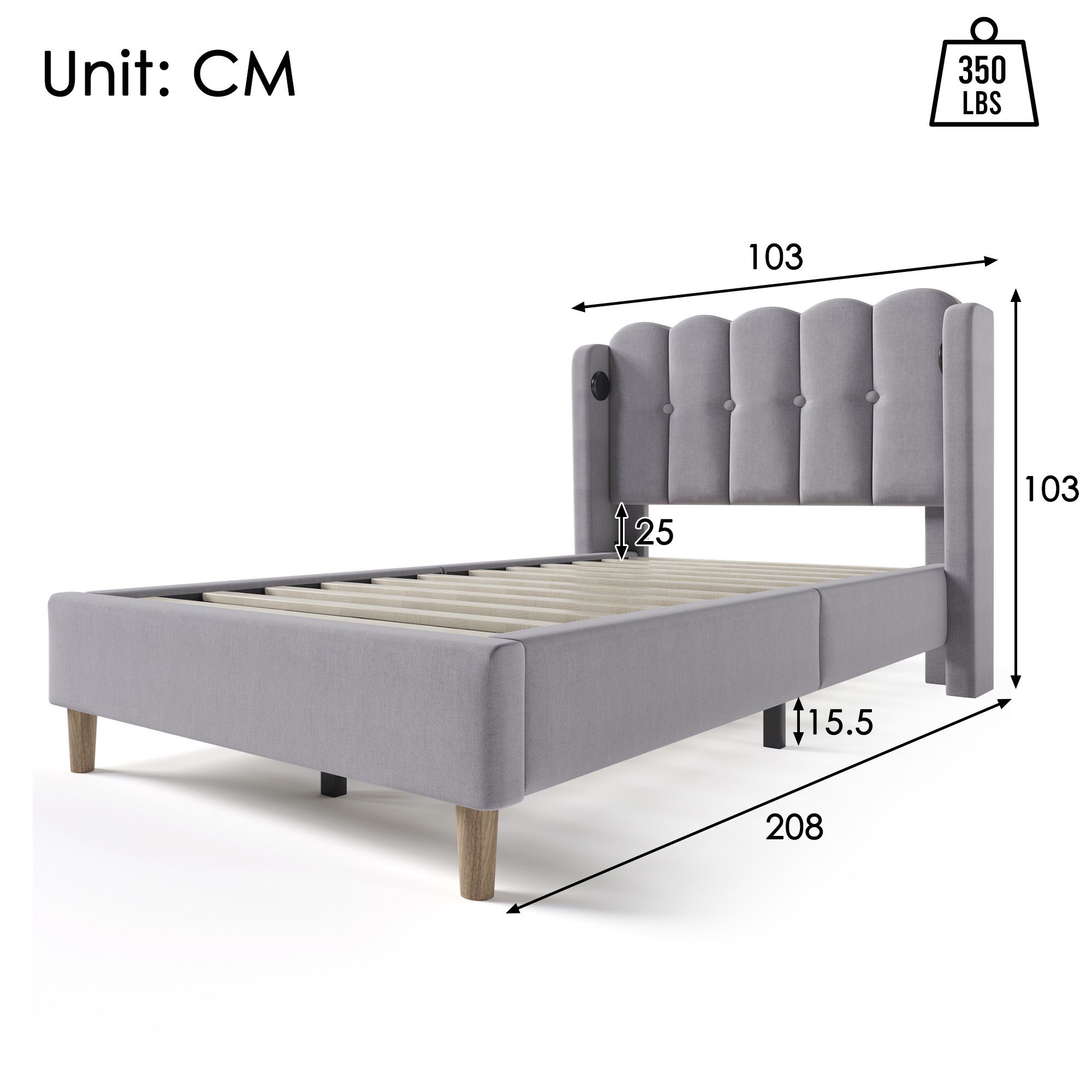 Polsterbett, Einzelbett mit USB Typ C Ladefunktion, 90x200 cm, Leinen