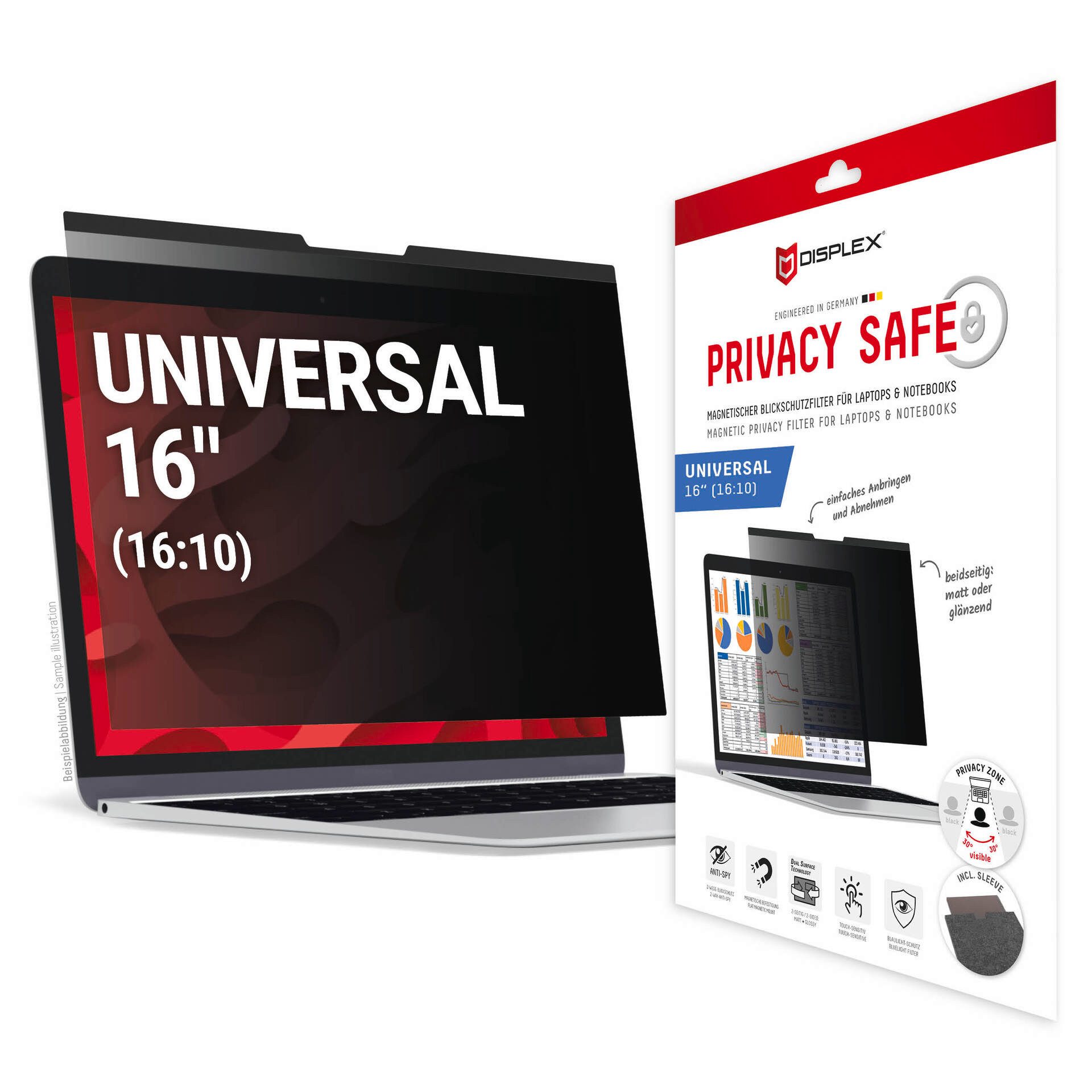 Displex Displayschutzfolie Privacy Safe Magnetischer Blickschutzfilter Universal 16" (16:10) für Universal 16" (16:10) Laptops und Notebooks, Displayschutzglas, Schutzfolie, Bildschirmschutz, kratz- & stoßfest