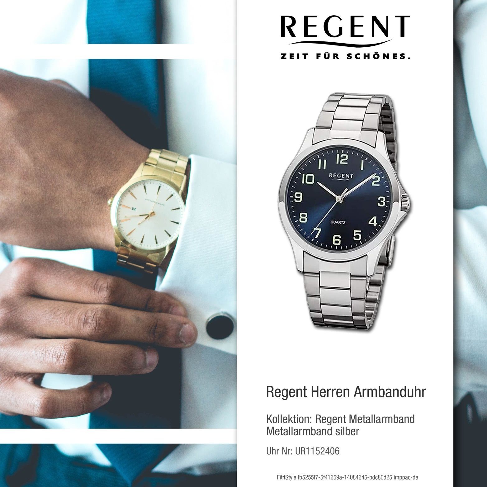 Regent Quarzuhr Gehäuse, (ca. rundes Uhr mittel silber, Herren Metall 39mm) Metallarmband Regent Herrenuhr 1152406