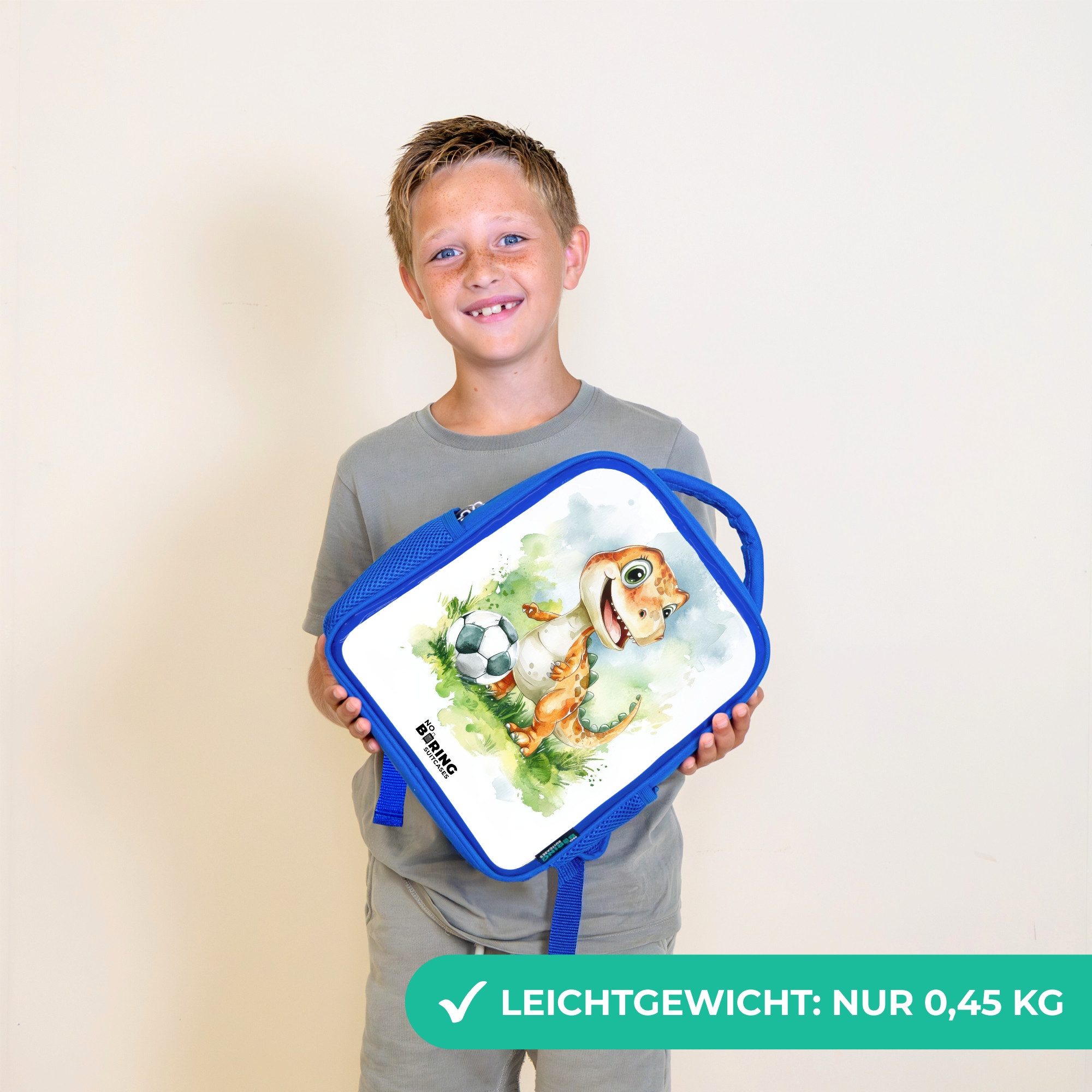 NoBoringSuitcases.com© Rucksack Blau - Dino mit Fußball im bunten Feld, Kinderrucksack, Schulrucksack, Freizeitrucksack, Jungen, Kindergarten