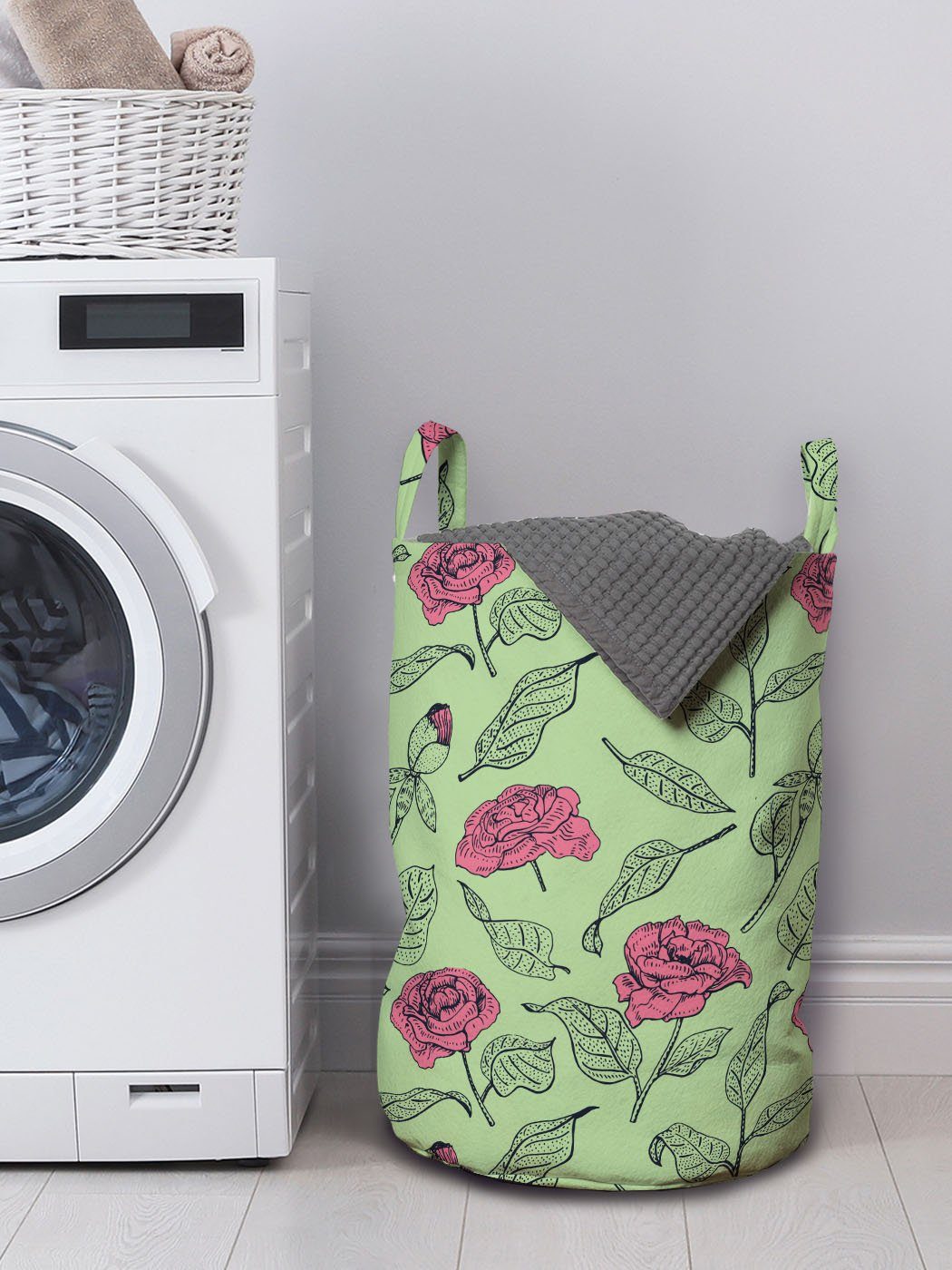 Abakuhaus Wäschesäckchen mit Peony Frühling Kordelzugverschluss Waschsalons, Romantische für Griffen punktierte Wäschekorb Blätter