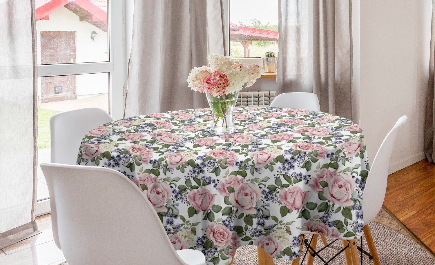Abakuhaus Tischdecke Kreis Tischdecke Abdeckung für Esszimmer Küche Dekoration, Rose Blühendes Rosa Flora