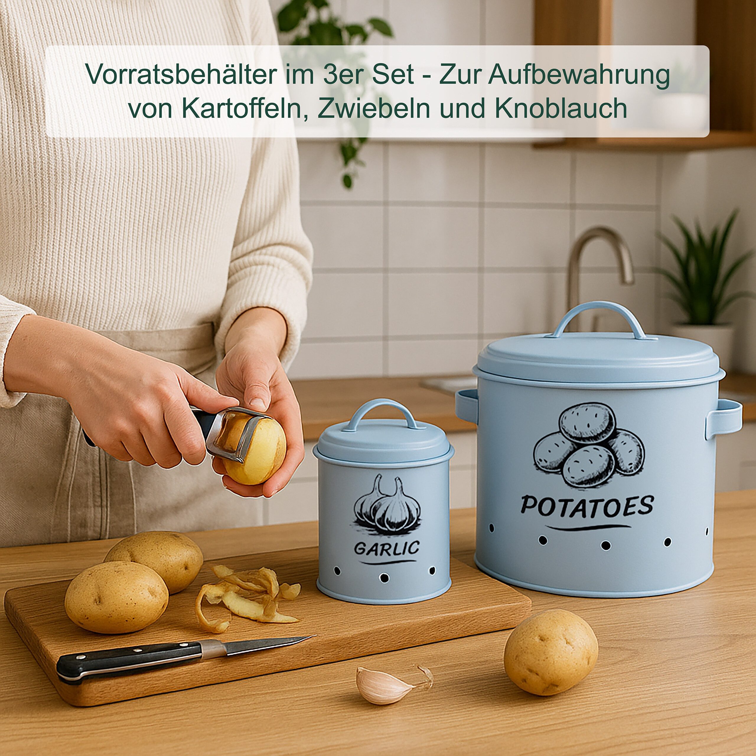 relaxdays Vorratsdose Kartoffel Aufbewahrungsbox 3er Set, Stahl, (3-tlg), grau – Bild 3 von 5