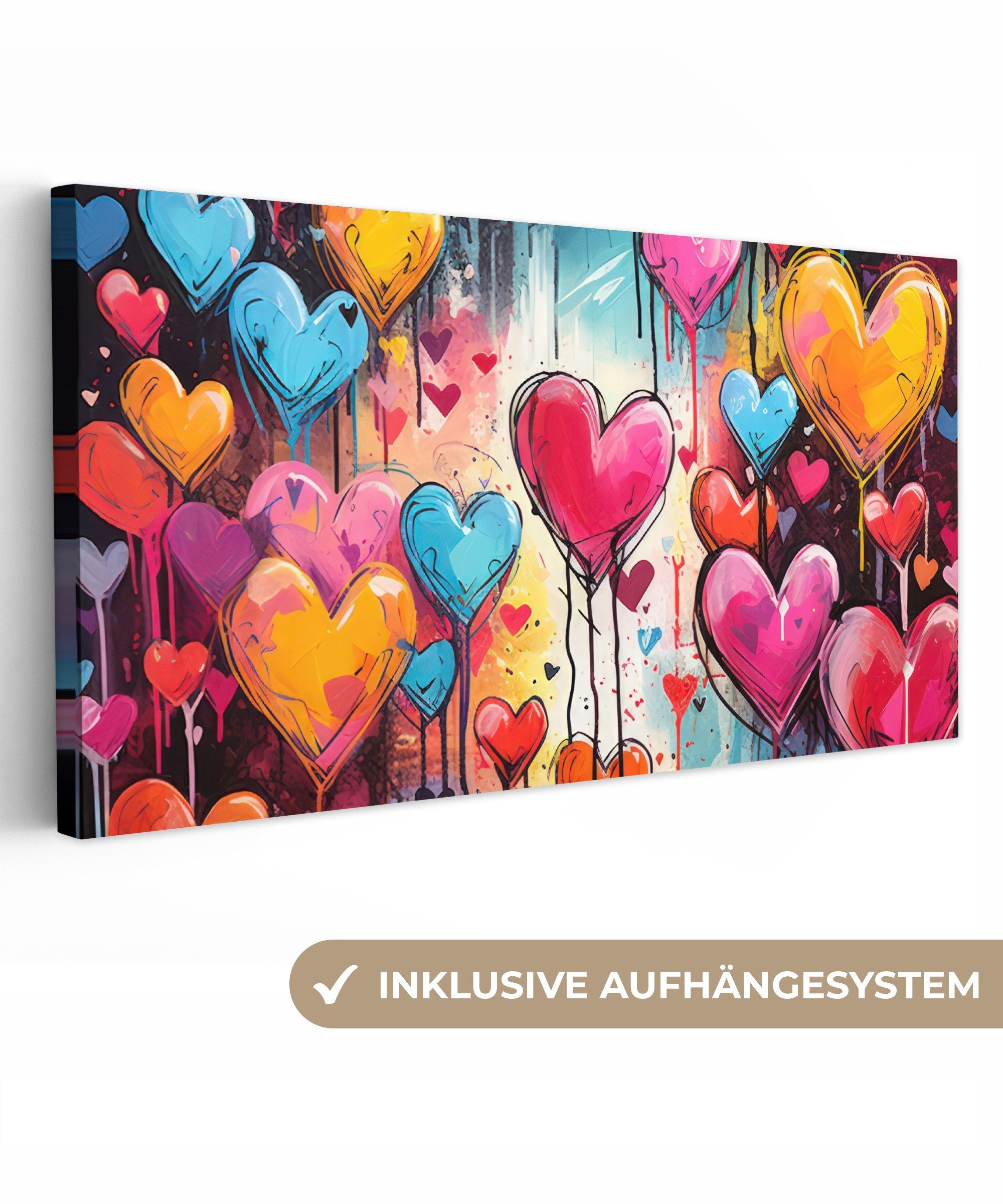 OneMillionCanvasses® Leinwandbild Panorama Herzen - Farben - Kunst - Liebe, Fotodruck (1 St), Wandbild, Deko Schlafzimmer Wohnzimmer Flur 40x20 cm