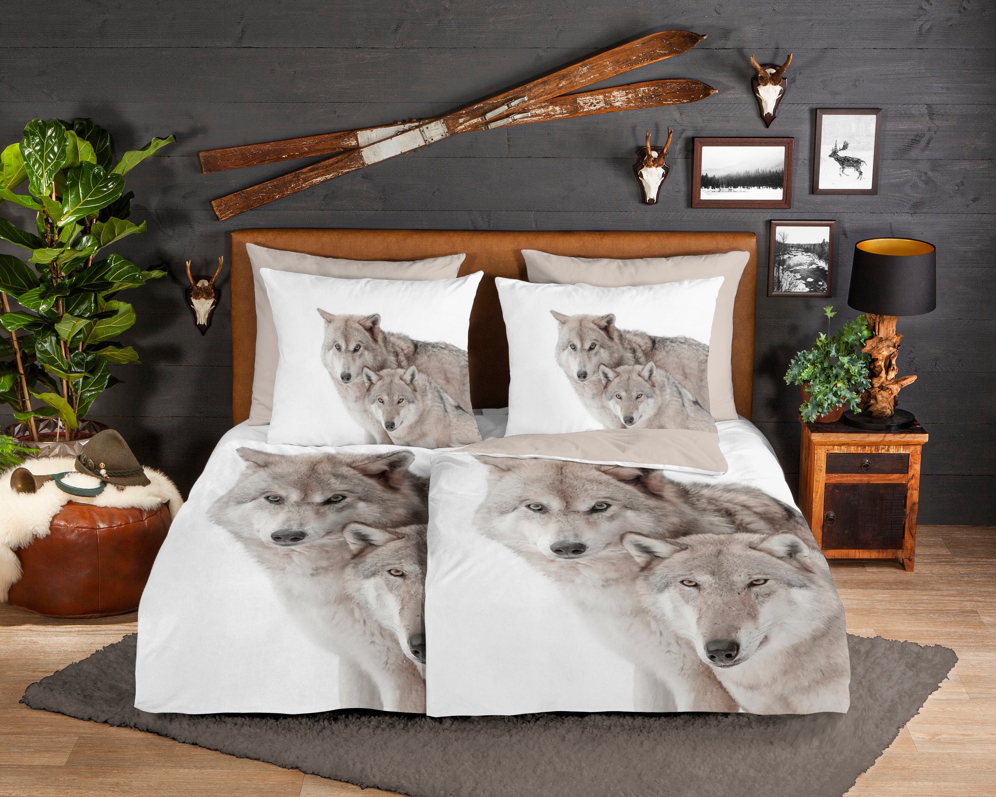 good morning Wendebettwäsche Fera, Biber, Flanell, 2 teilig, Biber, 135x200, Warm, Weich, Wendeoptik, Reißverschluss, Wolf, Sand