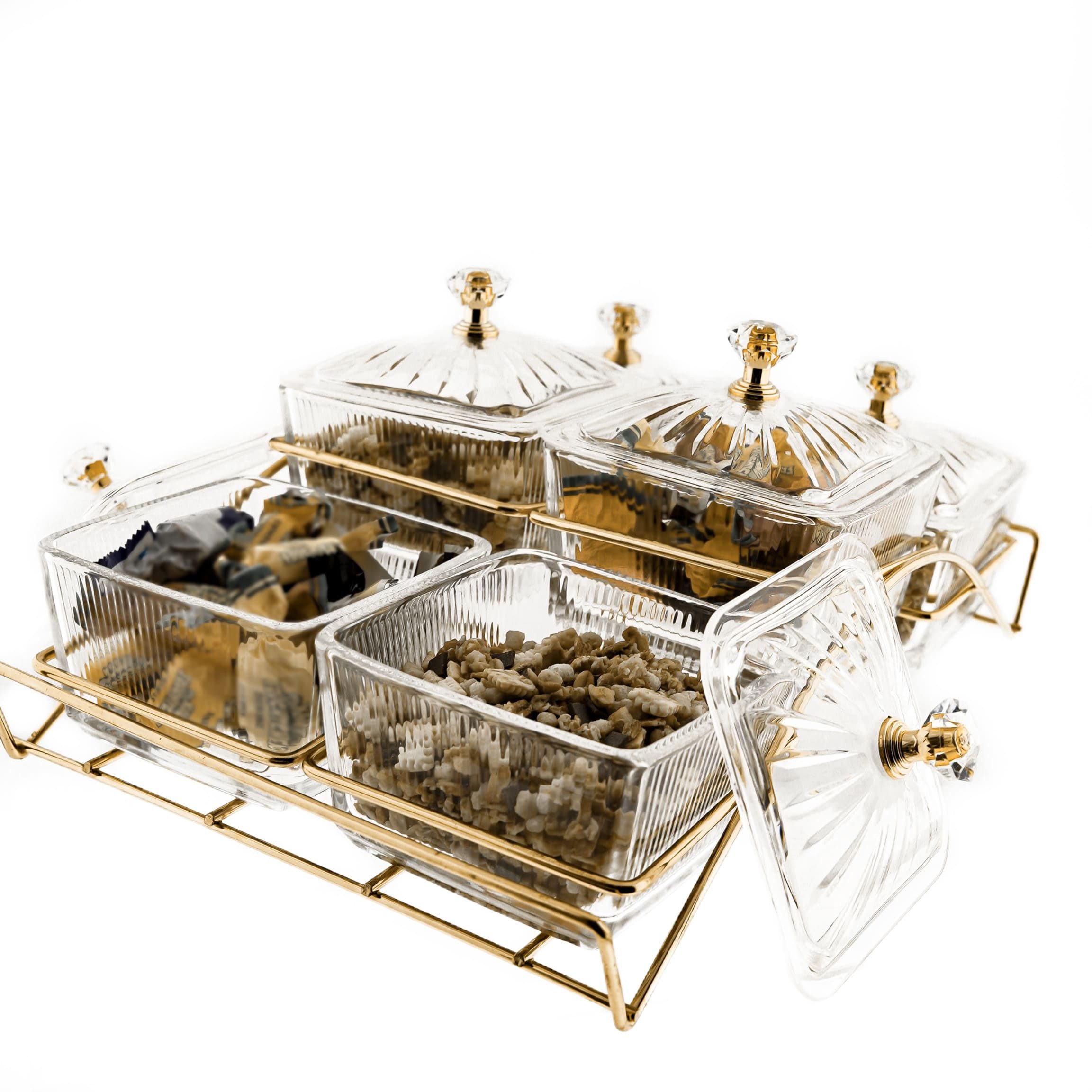 Almina Snackschale Snackschalen-Set Glasbehälter mit Deckeln und goldenem Ständer