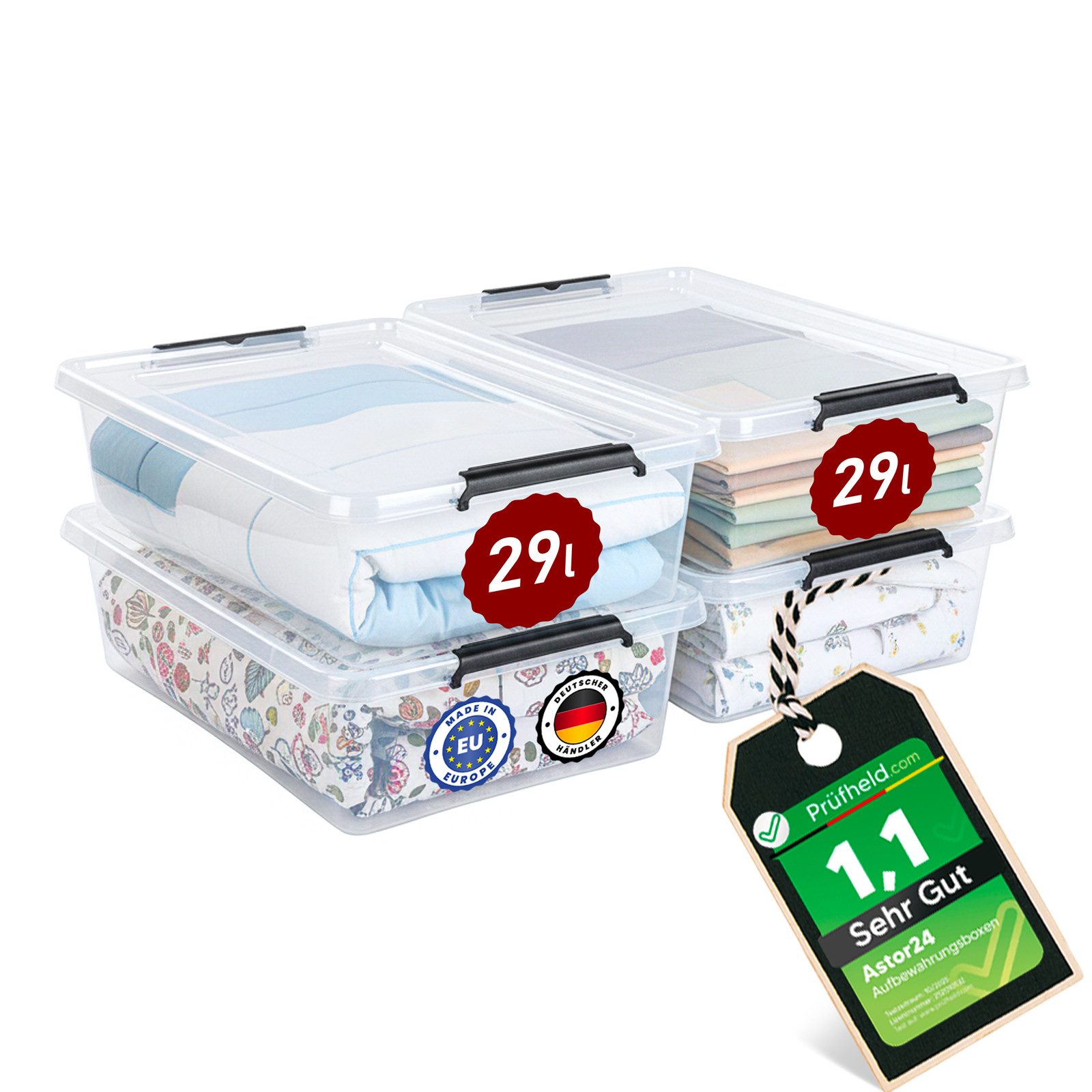 astor24 Aufbewahrungsbox Aufbewahrungsbox mit Deckel Unterbettbox mit Rollen 4er Set Bett Box (Spielzeugbox, 4 St., Lagerbox), Regalbox Kiste