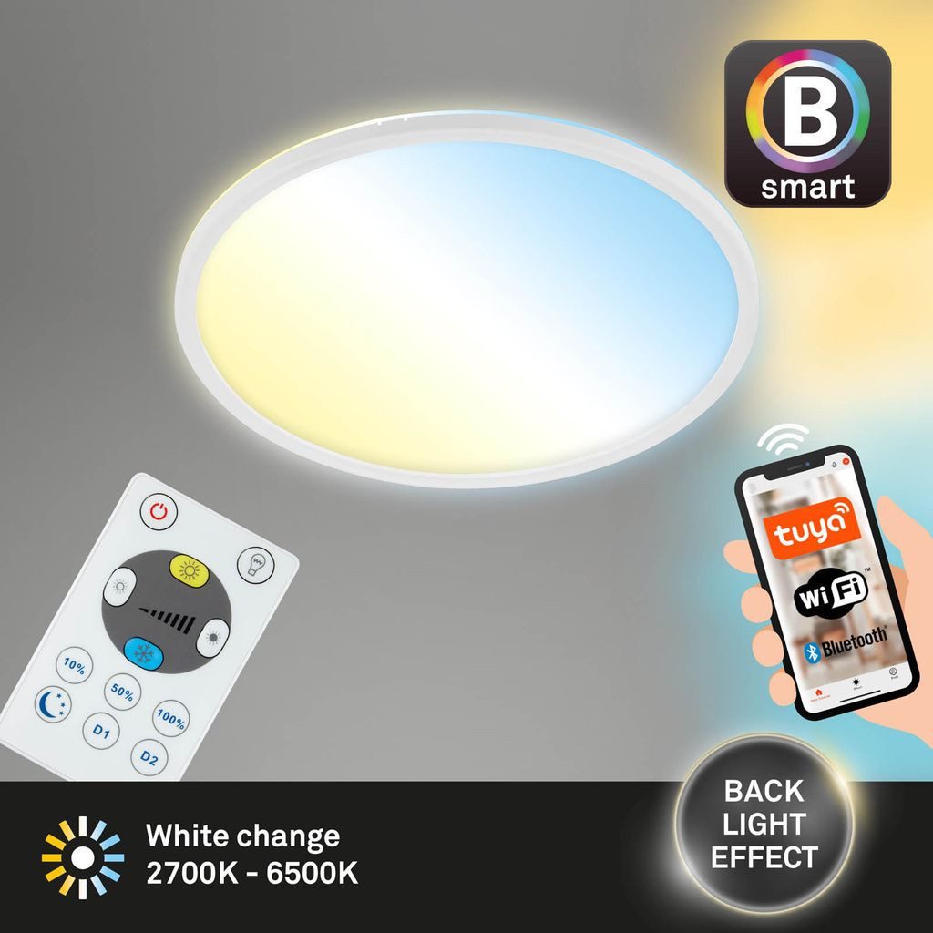 Briloner Leuchten LED Deckenleuchte 7059-016, Bluetooth, LED fest integriert, 2700K - Extra-Warmweiß, Smarte Deckenlampe, 42x2,5cm, Weiß, 22W, Wohnzimmer, Schlafzimmer