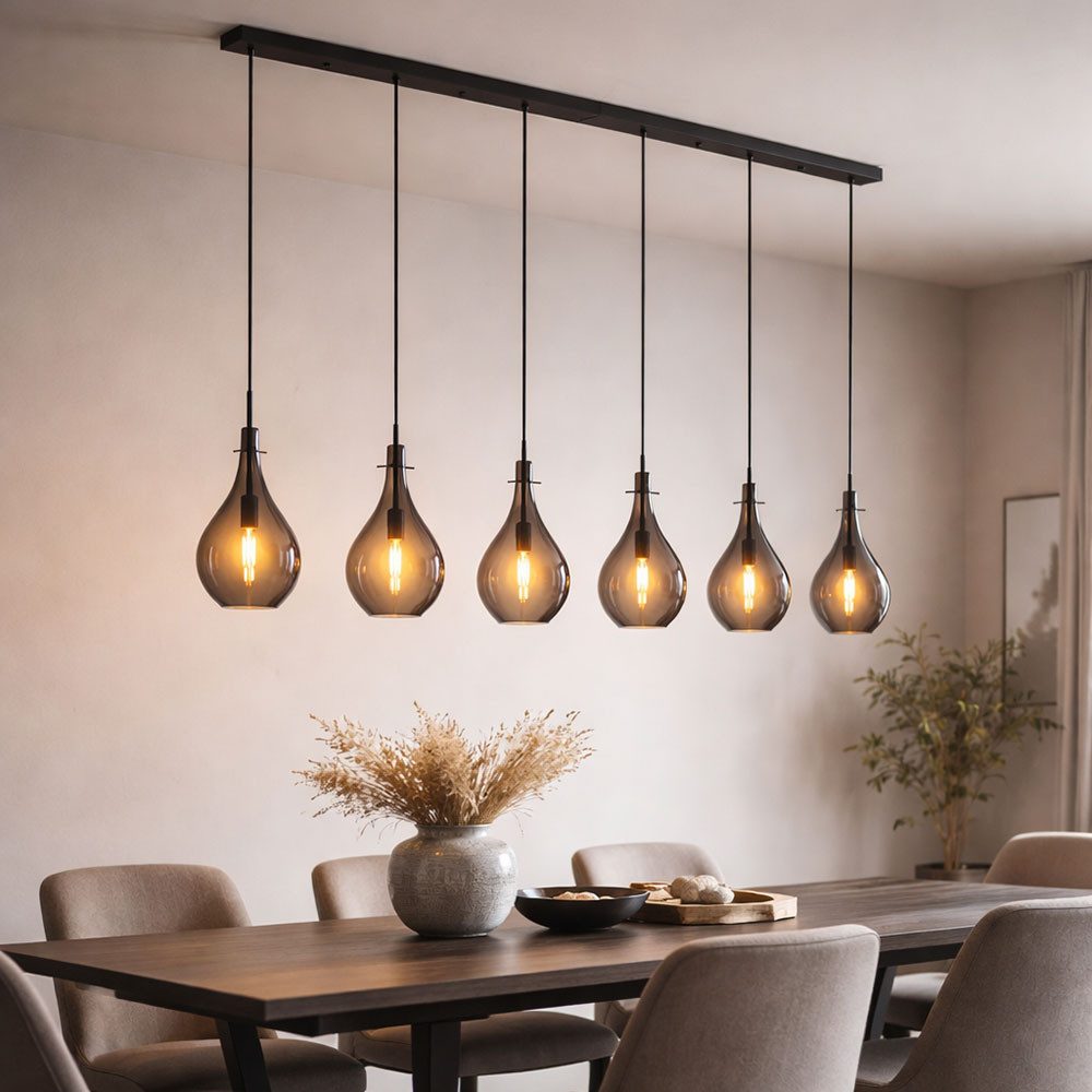 GLOBO LIGHTING Hängeleuchte, Leuchtmittel nicht inklusive, Hängeleuchte Rauchglas Pendelleuchte 6-Flammig Glas Esszimmerlampe
