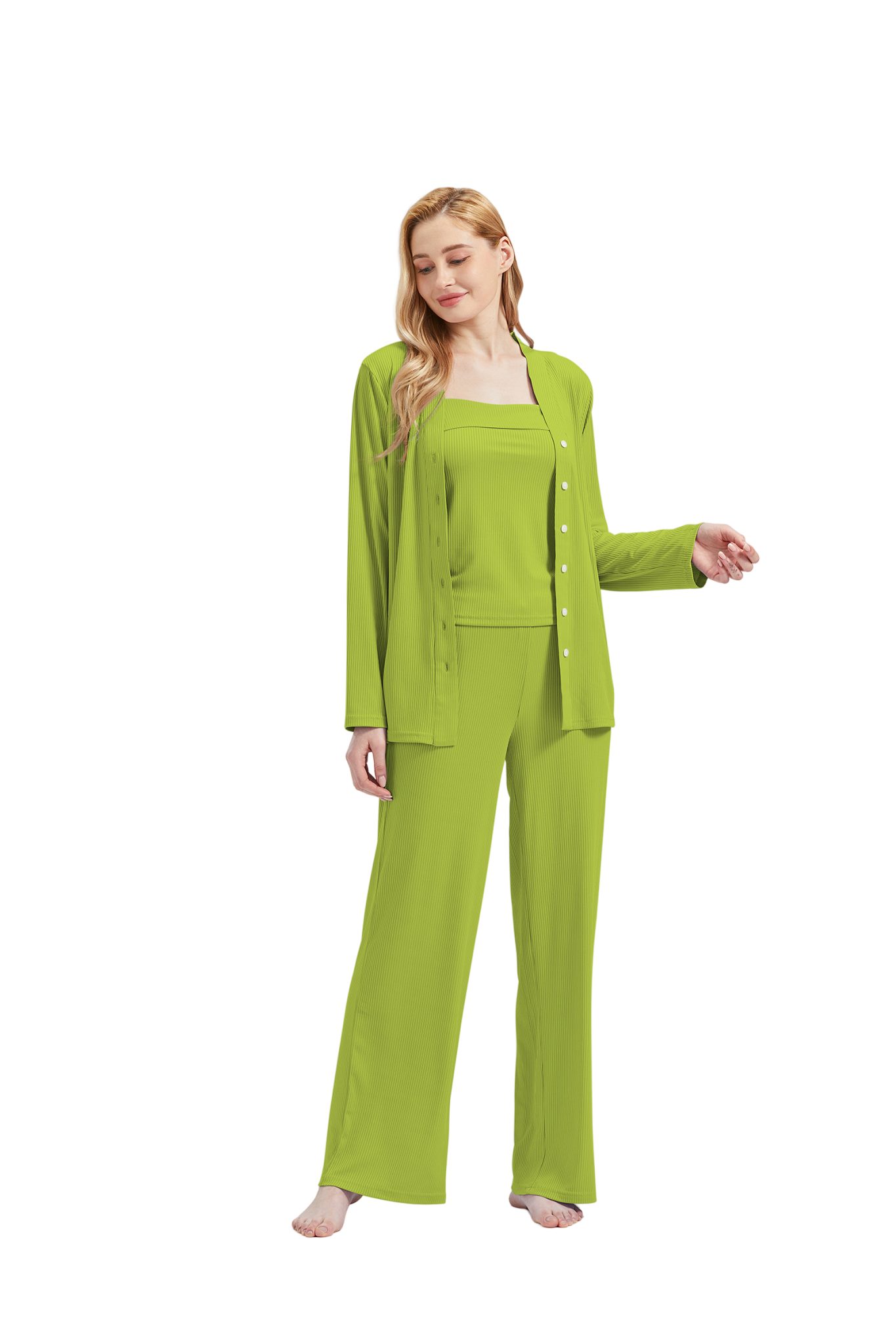 RAIKOU Schlafanzug Damen Pyjama-Set Damenwäsche V-Ausschnitt (Set, 3 tlg) incl.Jacket Top Hose Grün
