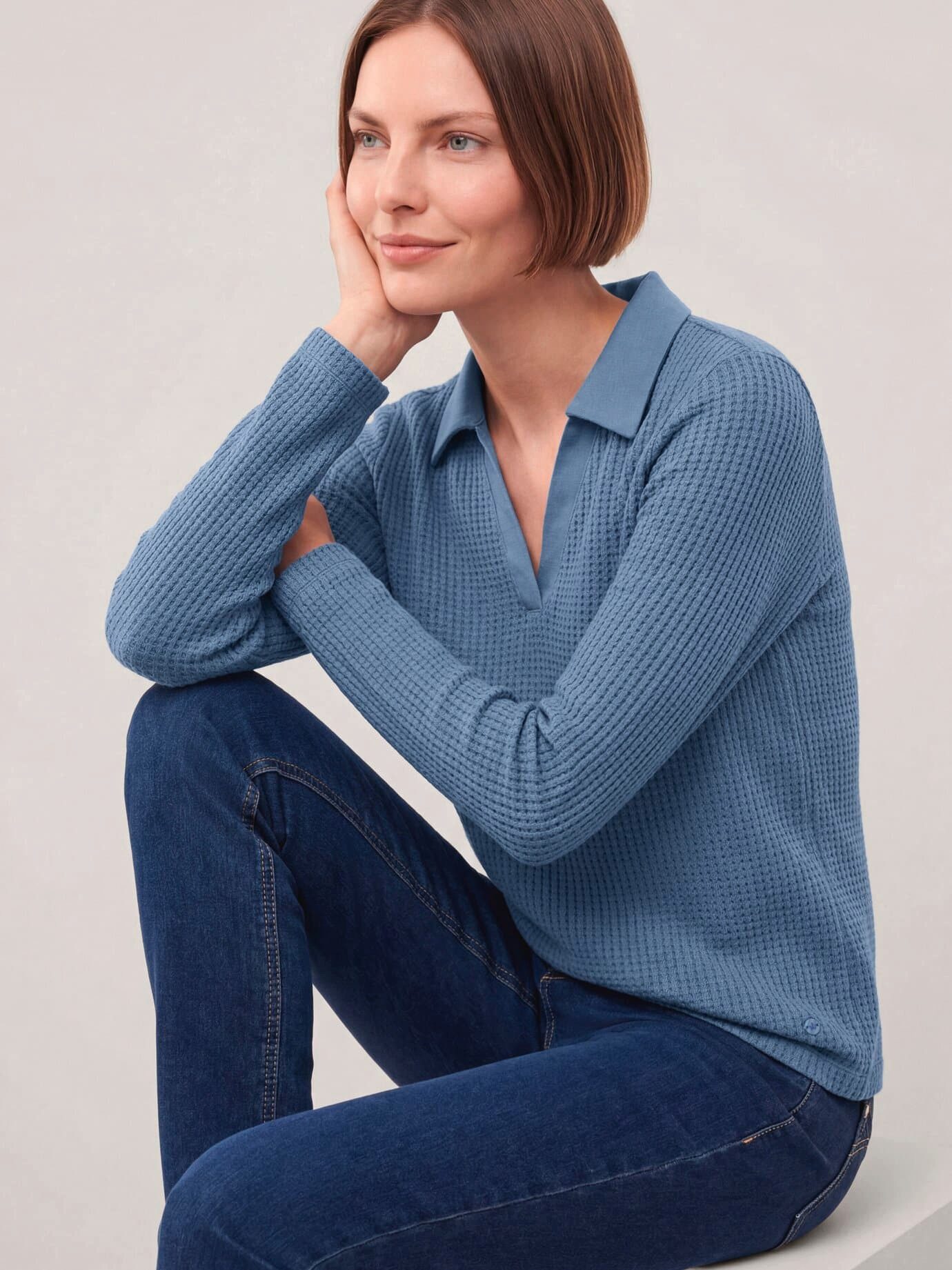 Walbusch Poloshirt Damen Poloshirt in Strickoptik Polokragen Langarm, modisch, pflegeleicht
