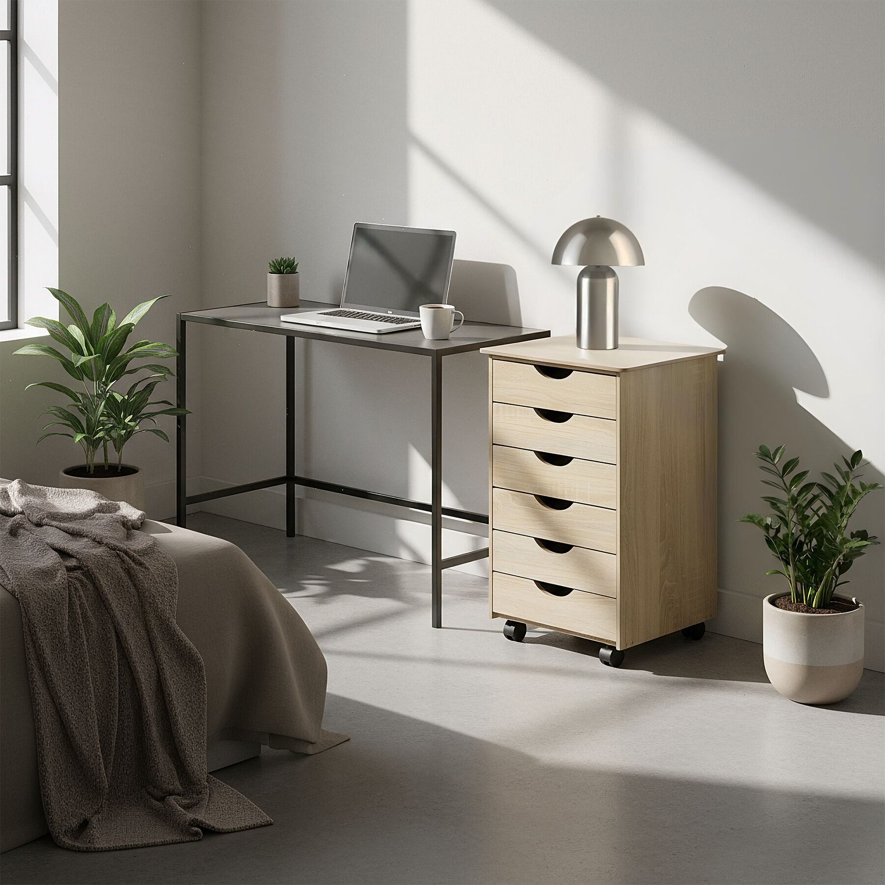 tectake Rollcontainer Schubladenschrank, einfache Montage, Maße 36 x 40 x 65 cm, aus Holz, (Schreibtisch Unterschrank, in Holz hell, Eiche Sonoma), 6 Schubl., 4 leichtgängige, drehbare Doppelrollen, abgerundete Kanten