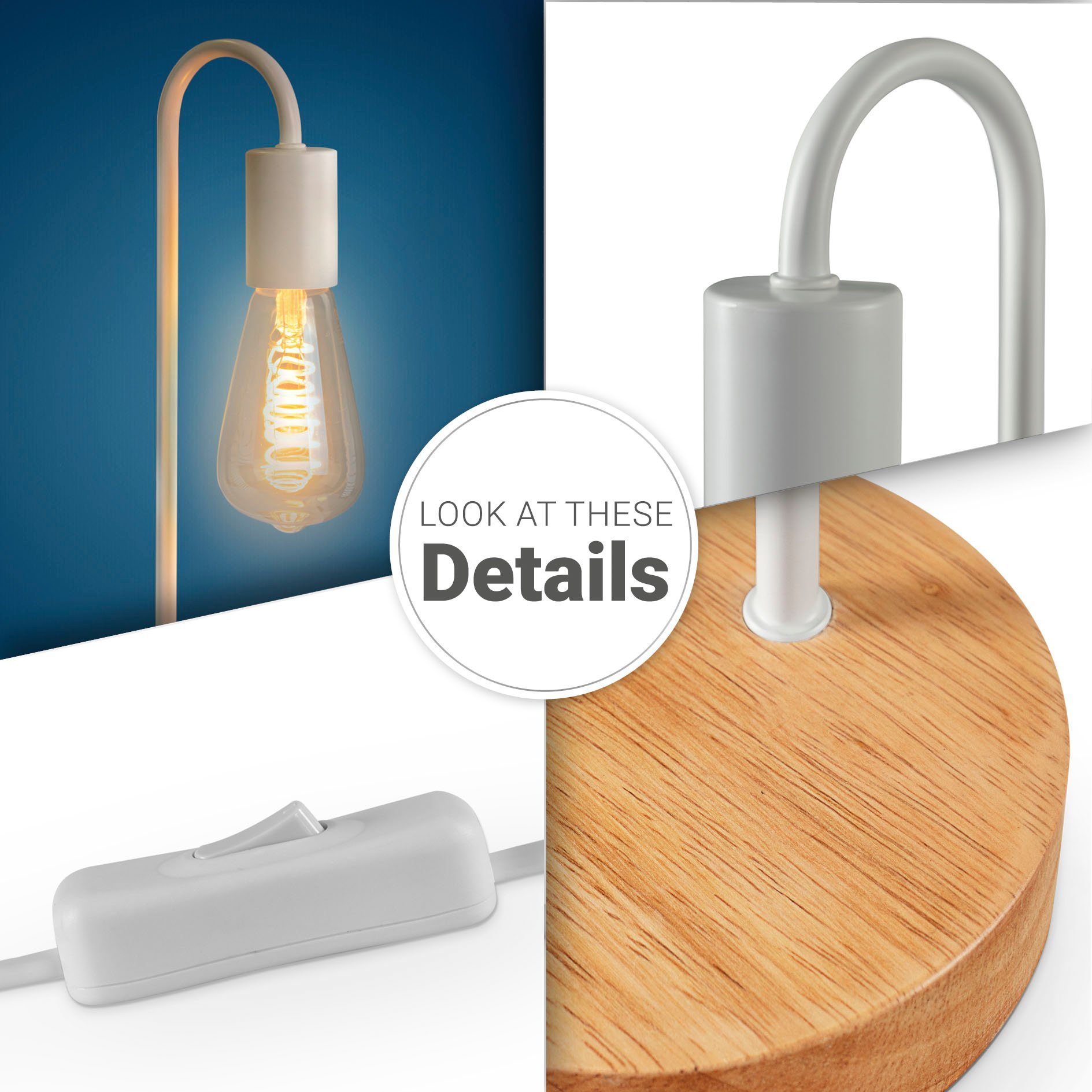 Paco Home Tischleuchte WALTER, ohne Leuchtmittel, Nacht Schreib Holz Fuß Höhe 40,5cm Ø12,6cm E27