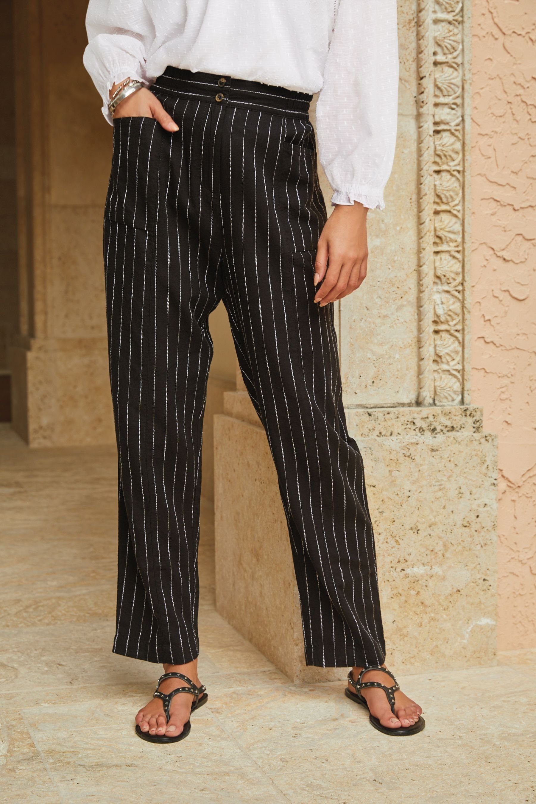 Röhrenhose Stripe Black/white (1-tlg) Next aus Leinengemisch Stoffhose