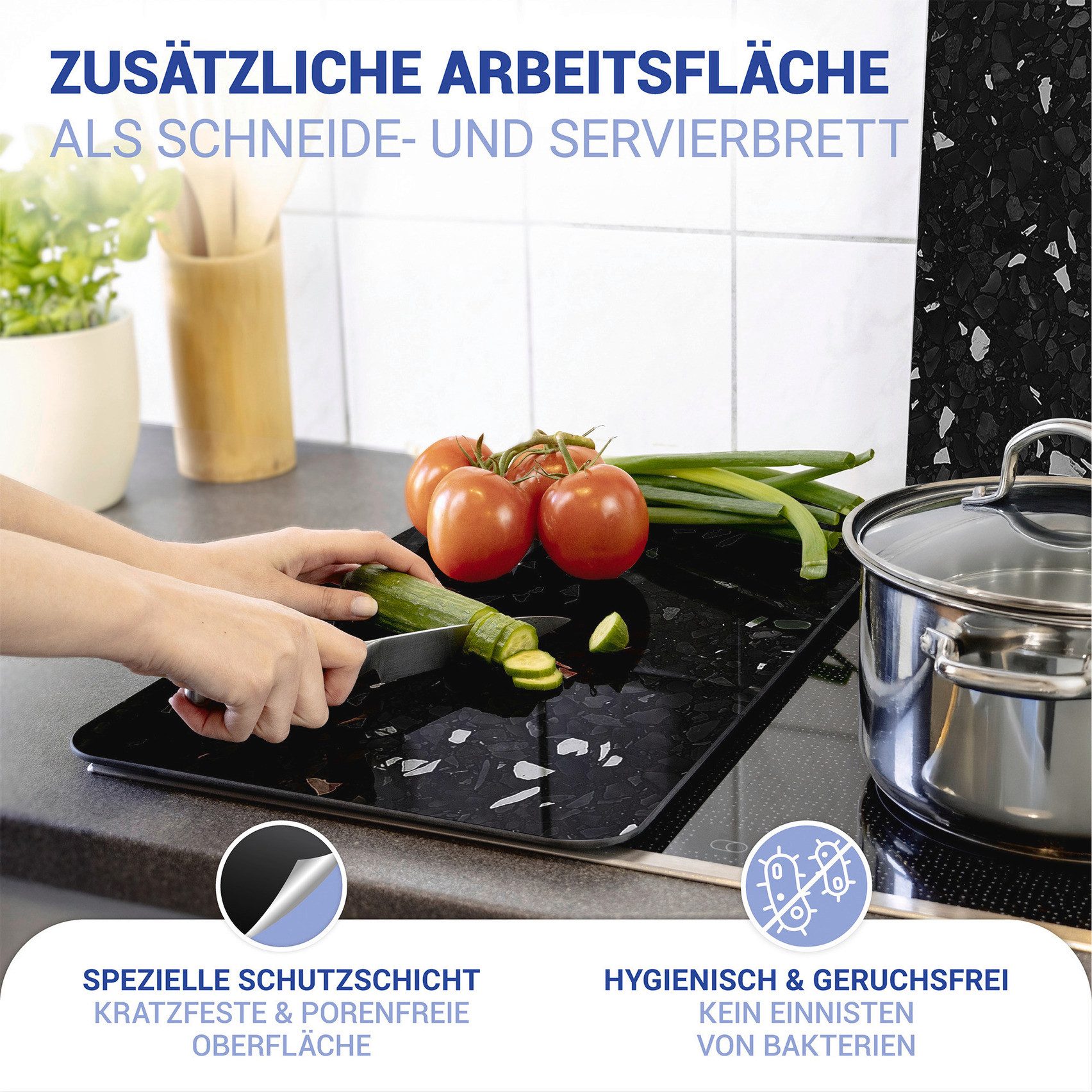 WENKO Herd-Abdeckplatte Universal Modell Terrazzo, Glas, (Set, 2 tlg), Herdabdeckung für alle Herdarten, kratzfest, mit rutschfesten Füßen