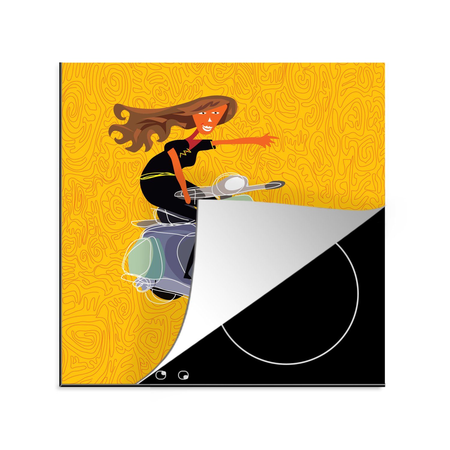 MuchoWow Herdblende-/Abdeckplatte Illustration einer Frau auf einer Vespa mit gelbem Hintergrund, Vinyl, (1 tlg), 78x78 cm, Ceranfeldabdeckung, Arbeitsplatte für küche