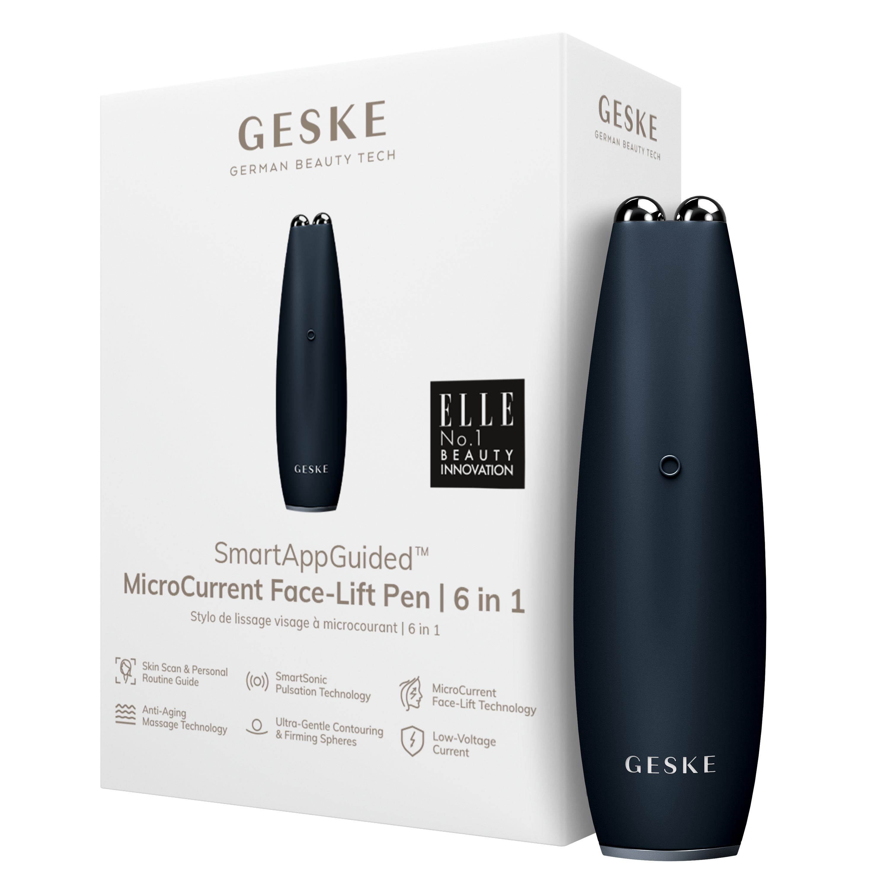 GESKE German Beauty Tech Enhancer SmartAppGuided™ MicroCurrent Face-Lift Pen 6 in 1, Packung (Gerät & USB-Ladekabel), 2-tlg., Gerät inkl. kostenloser APP (SmartAppGuided Device), Mit der GESKE App erhältst Du deine personalisierte Hautpflegeroutine. Black