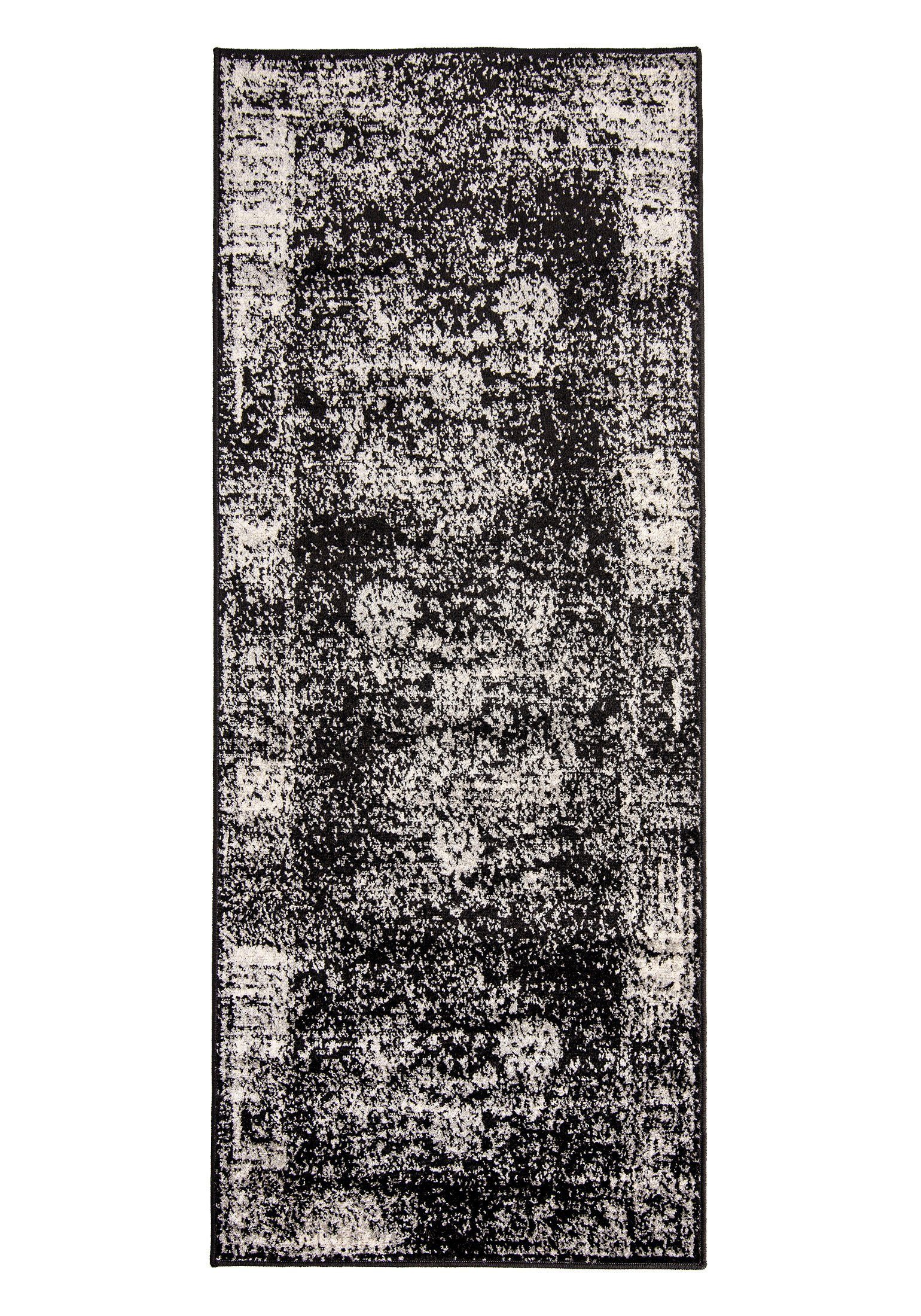 Designteppich Vintage Teppich für Wohnzimmer - Vintage Look - Schwarz, Mazovia, 60 x 200 cm, Vintage, Höhe 8 mm, Kurzflor - niedrige Florhöhe Schwarz / H183A