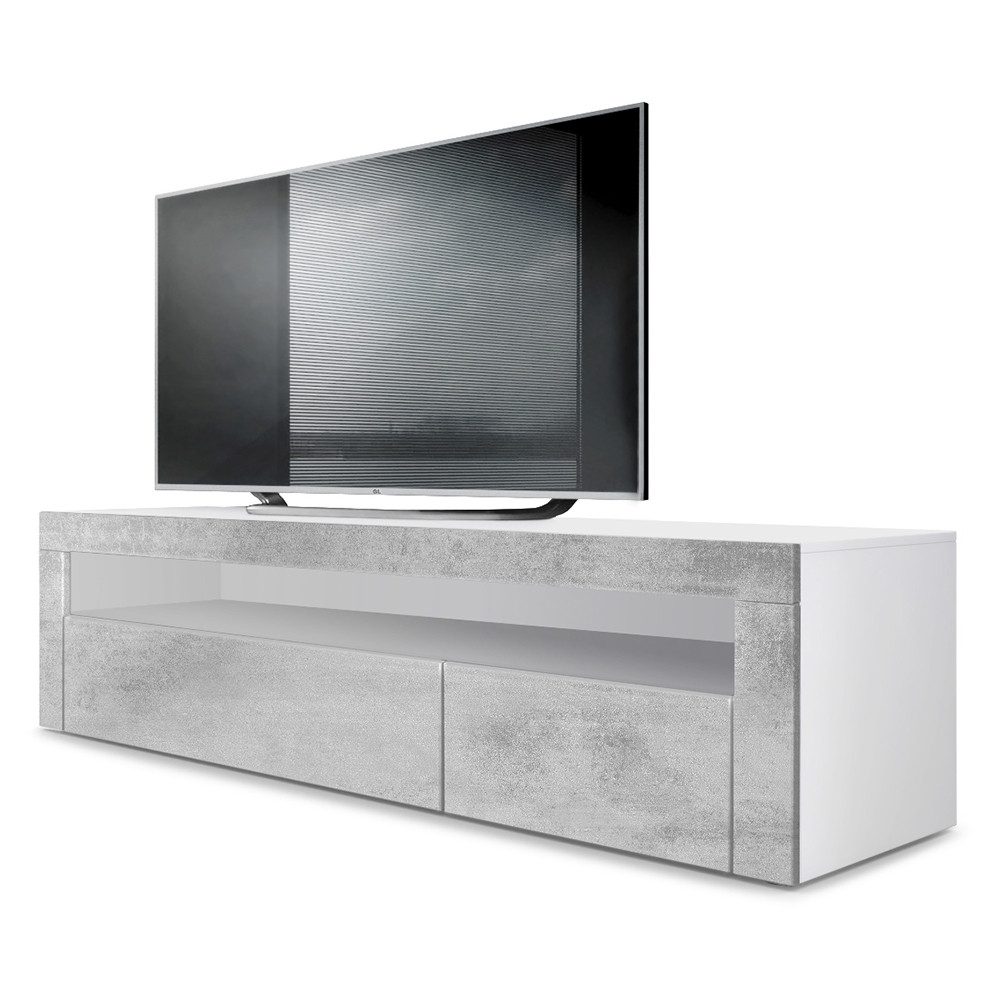 Vladon Lowboard Valencia (TV-Kommode, ​mit 1 offenem Fach und 2 Klappen), Weiß matt/Beton Oxid Optik/Beton Oxid Optik (155 x 46 x 40 cm)