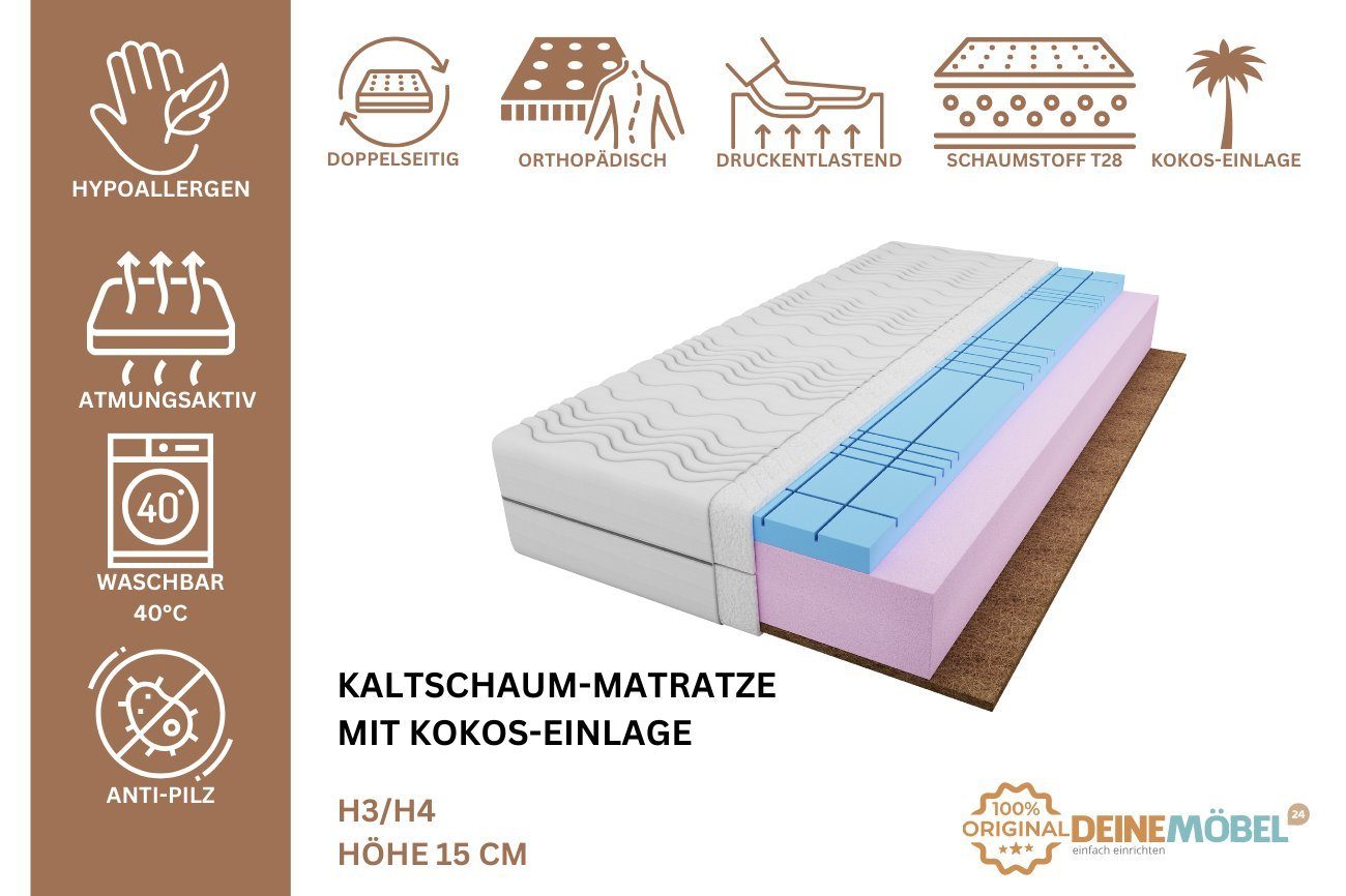 Top Erwachsene, Deine 15 Würfelschnitt mit Doppelseitig, / 180x200 Kaltschaum-Matratze für Kokos 90x200 120x200 160x200 Kaltschaummatratze 140x200 Wendematratze, 100x200 Qualität antiallergisch), (80x200 Möbel H3 cm, 24, H4 Jugendliche