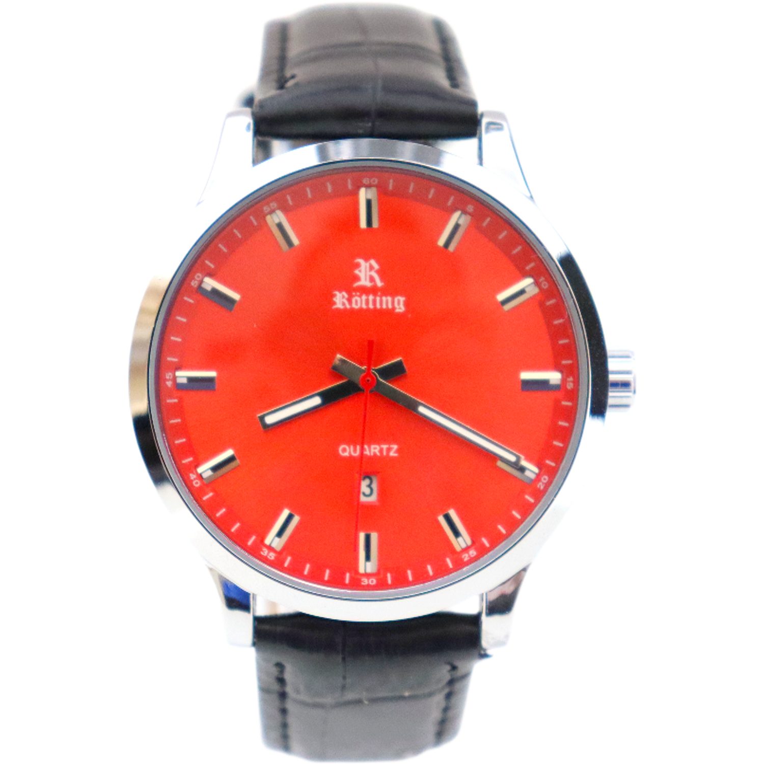 Rötting Design Quarzuhr Herrenuhr Quarz rotes Ziffernblatt DATUM schwarzes günstig online kaufen