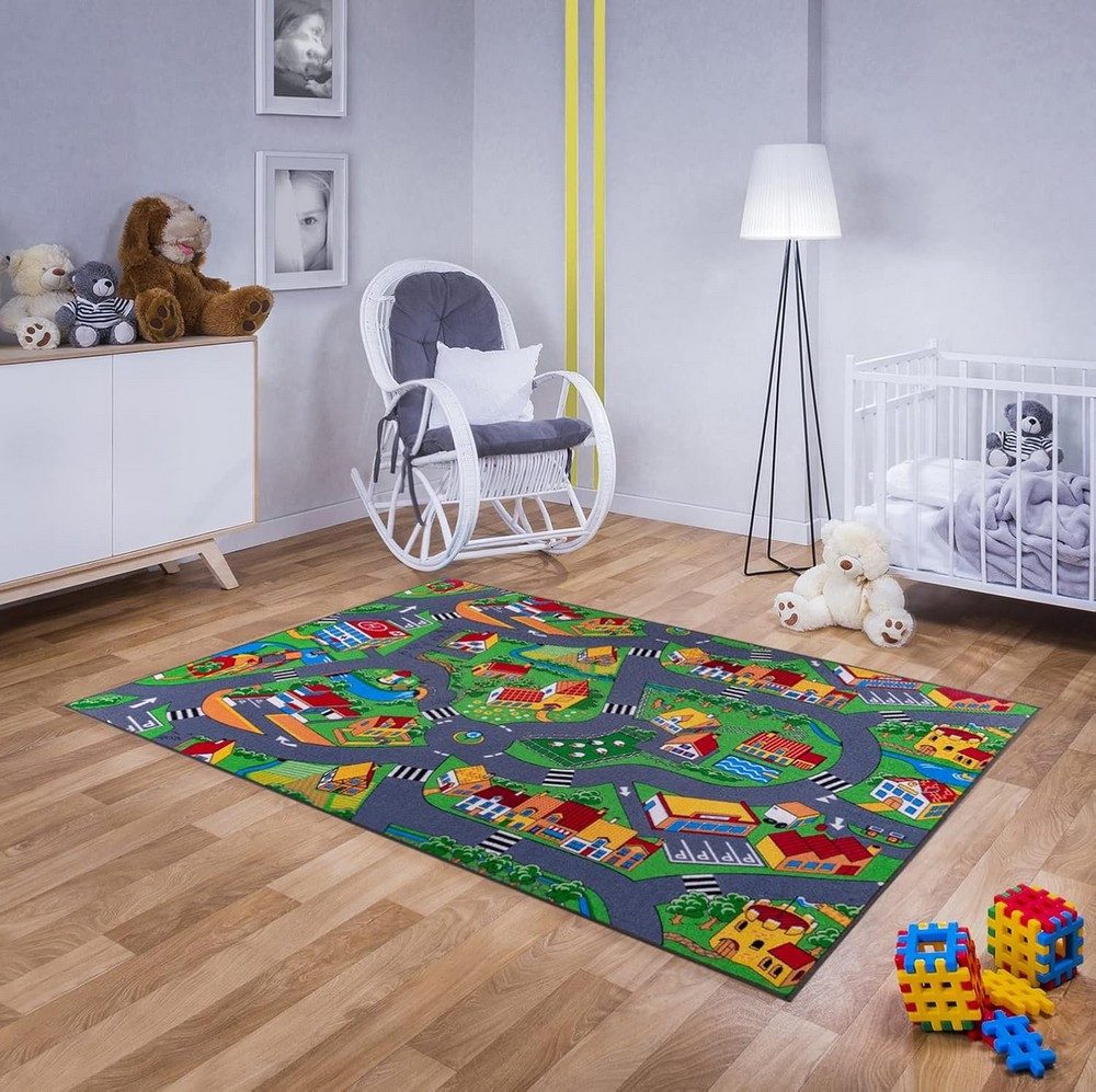 MDEKOR Kinderteppich mit Straßen und Häuser – Spielspaß für Jungs und Mädchen, rechteckig, Große 200 x 200 cm
