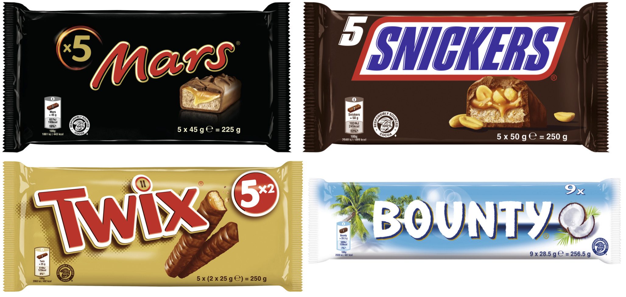 Mars GmbH Süßigkeit Multipack-Mix Mars 5x45g, Snickers 5x50g, Twix 5x50g, Bounty 9x28,5g
