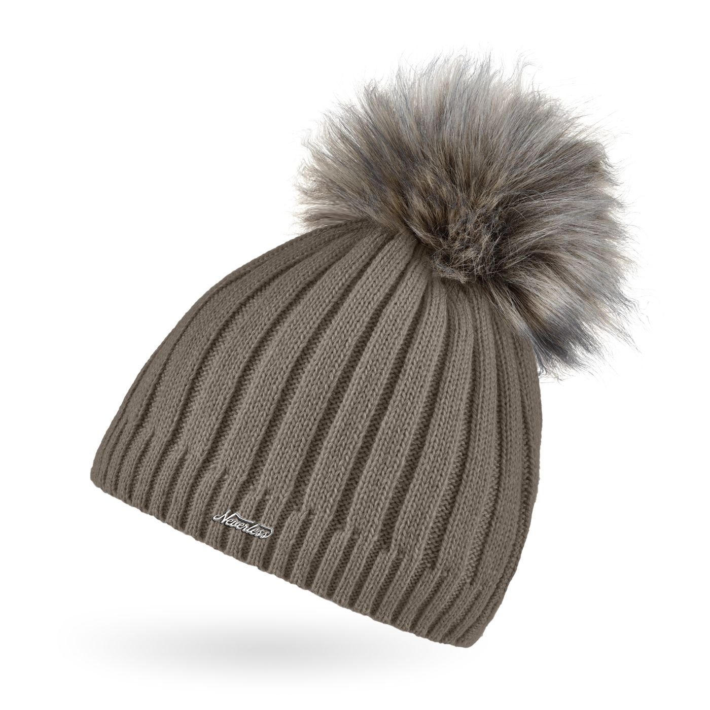 Bommelmütze Damen Strick-Mütze gefüttert Fell-Bommel Kunstfell Bommelmütze