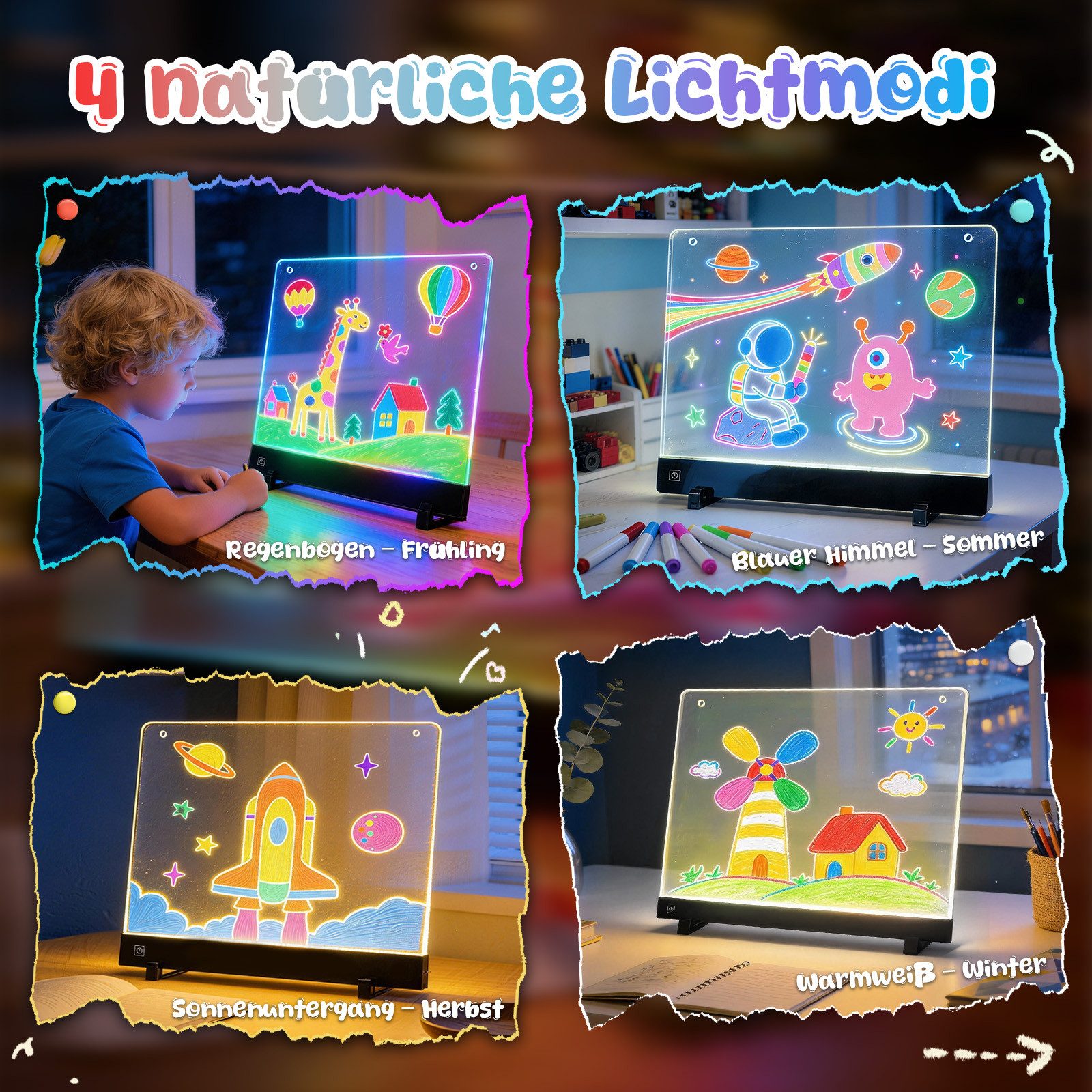ANYSUN Memoboard LED-Zeichenbrett für Kinder, 1500mAh wiederaufladbares LED Maltafel, (35x26 cm, 1-tlg., 5mm Acryl Doodle mit Farben Stift & Story-Papier, Ständer & Hängekette), Leuchtendes Notiztafel mit 4 Lichtmodi Geschenk für Mädchen/Teenager